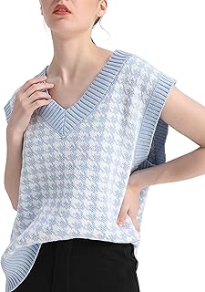 SAFRISIOR Oversized Houndstooth Knitted Vest Sweater Vintage V Neck Loose Sleeveless Sweater