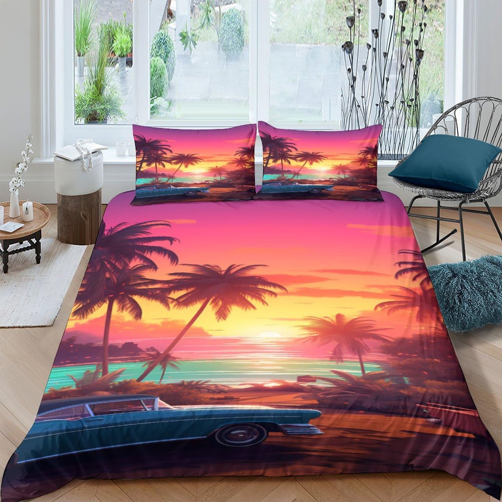 Ctjqhvkz Style-2 3D Printed Sunset Beach Fitted Sheet Microfiber Soft Palm Tree Mattress Cover For Bedroom Guest Room Decor Single（135X200cm）