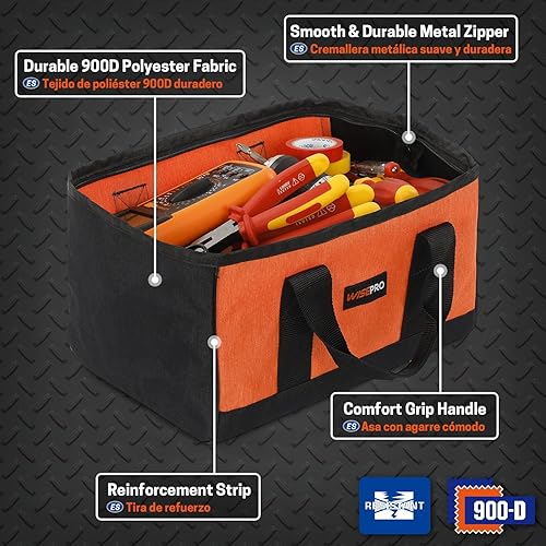 Miniatura 3 de Paquete de 2 bolsas de herramientas de boca ancha, bolsa de almacenamiento de herramientas de electricista de 12 pulgadas, bolsa de gran capacidad