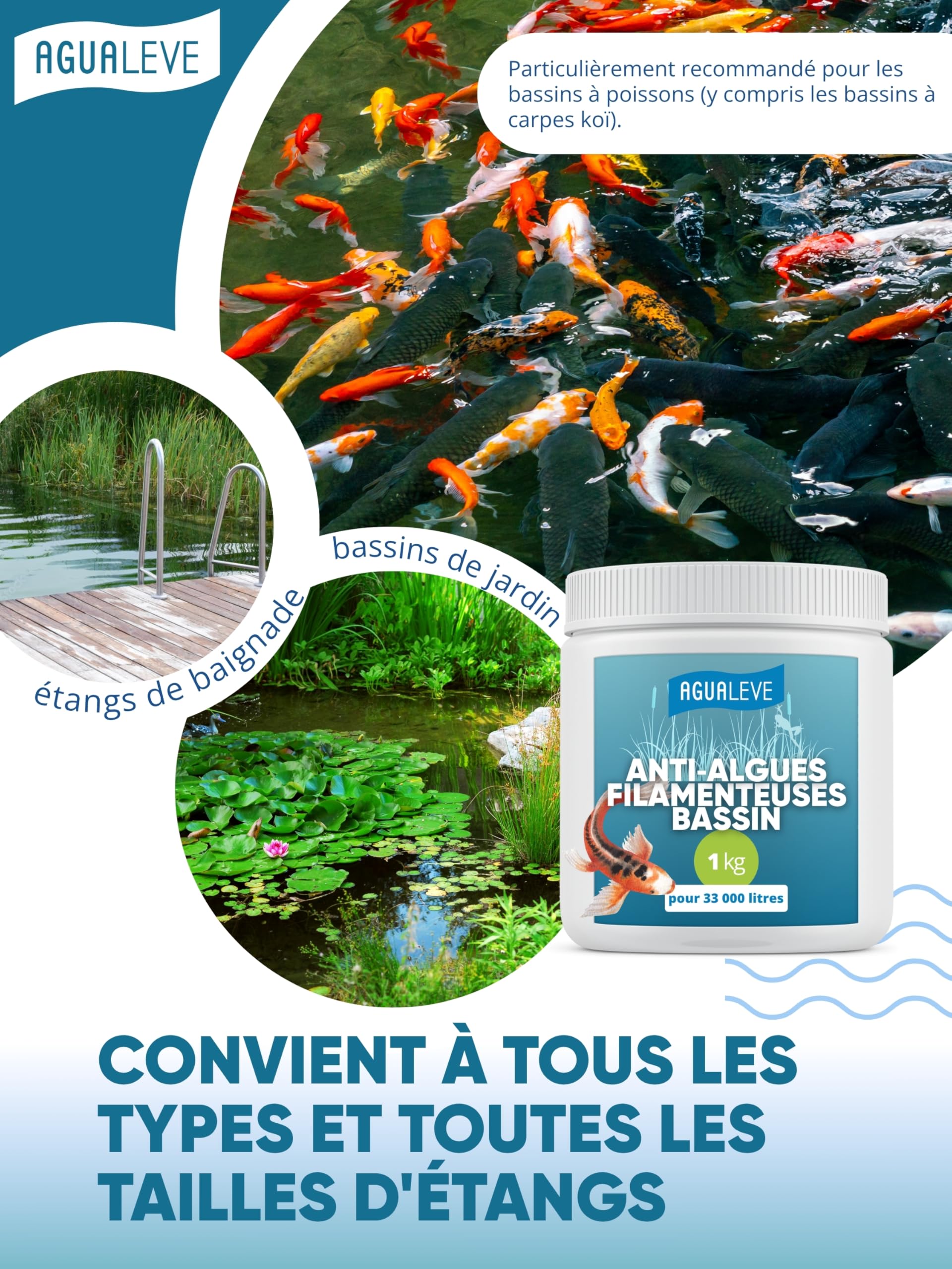 AGUALEVE Destructeur d’algues filamenteuses pour Bassin – Granulés pour Application ciblée sur Les algues – Dosage indicatif 30 à 50 g pour 1 000 L – Guide d’Entretien numérique Inclus