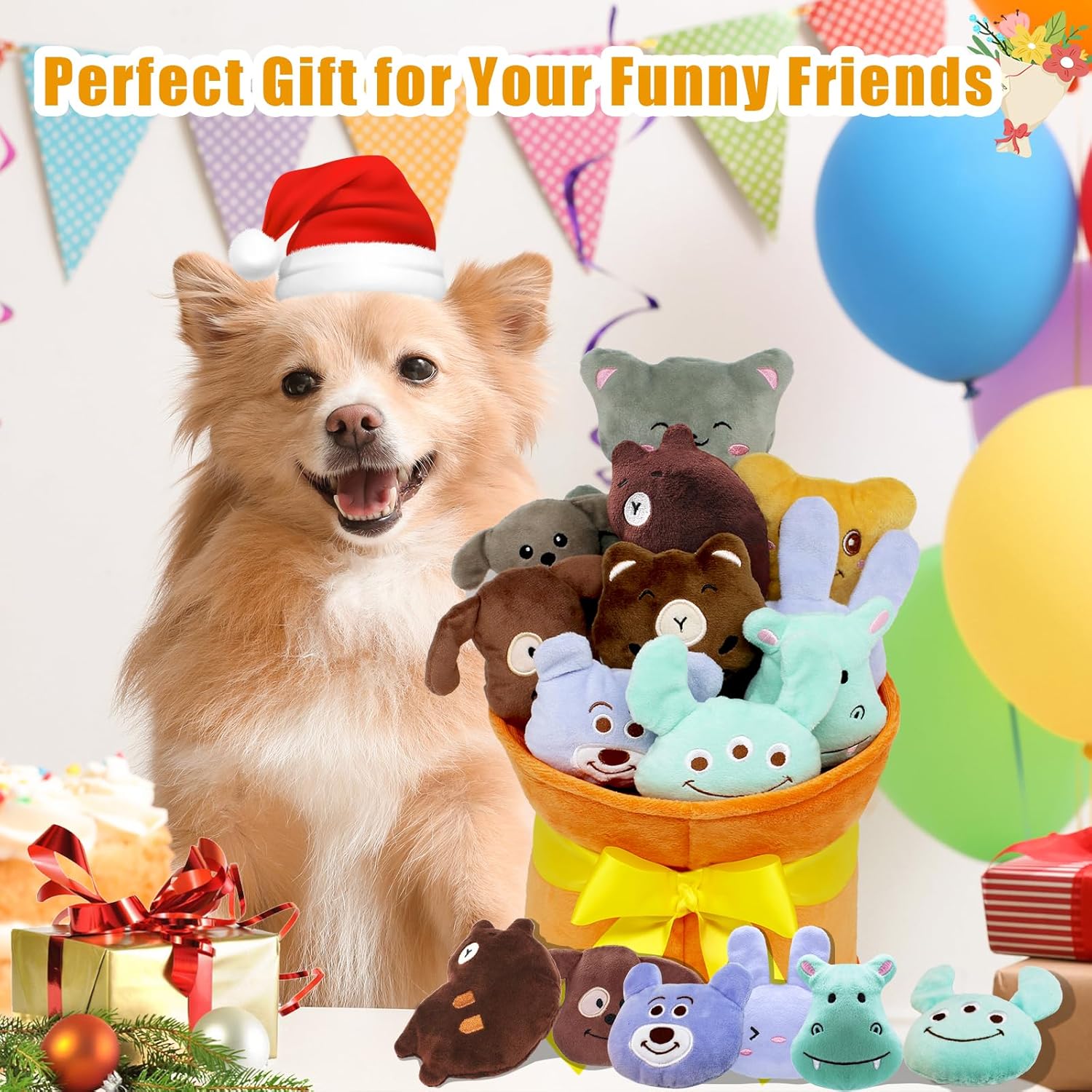 YZHDUXIU Christmas Dog Toys, 11 Pcs Christmas Toys for Small Dogs,10 Cute Animal Plushies for Christmas Dog Gifts,Interactive Flower Bouquet Packaging