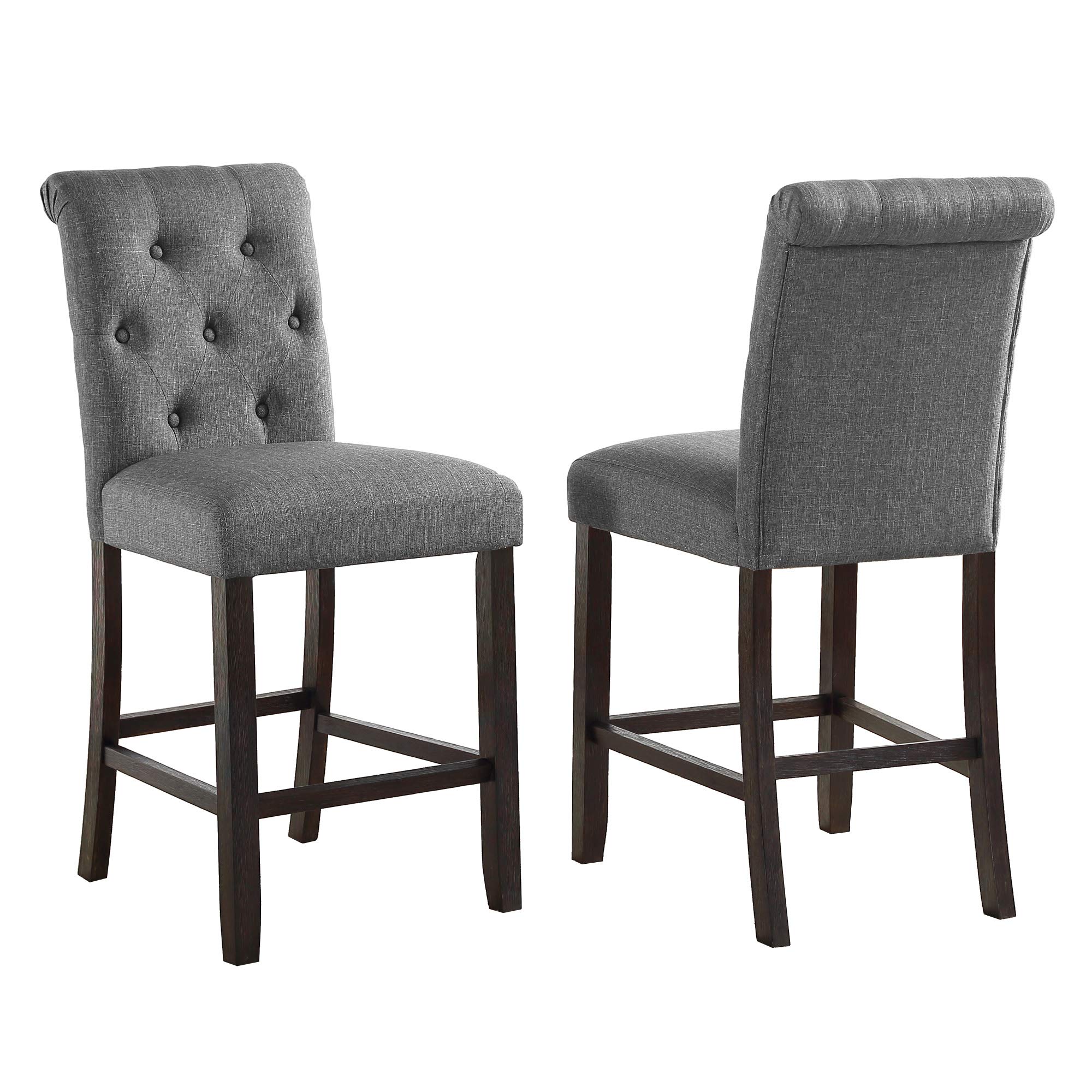 Roundhill Furniture Hendley Solid Wood Tufted Counter Height Stools, Set of 2, Gray