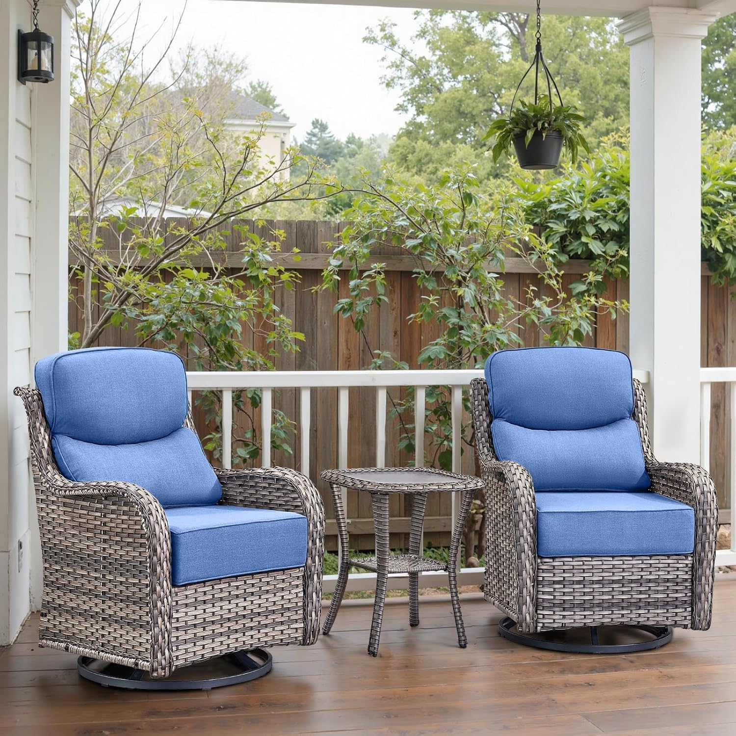 Swivel Patio Chairs Set of 2 with 6" Thick Cushion - Wicker Outdoor Swivel Rocker Patio Sets, High Back Comfortable Outdoor Glider Chairs - Brown Wicker | Blue Cushion