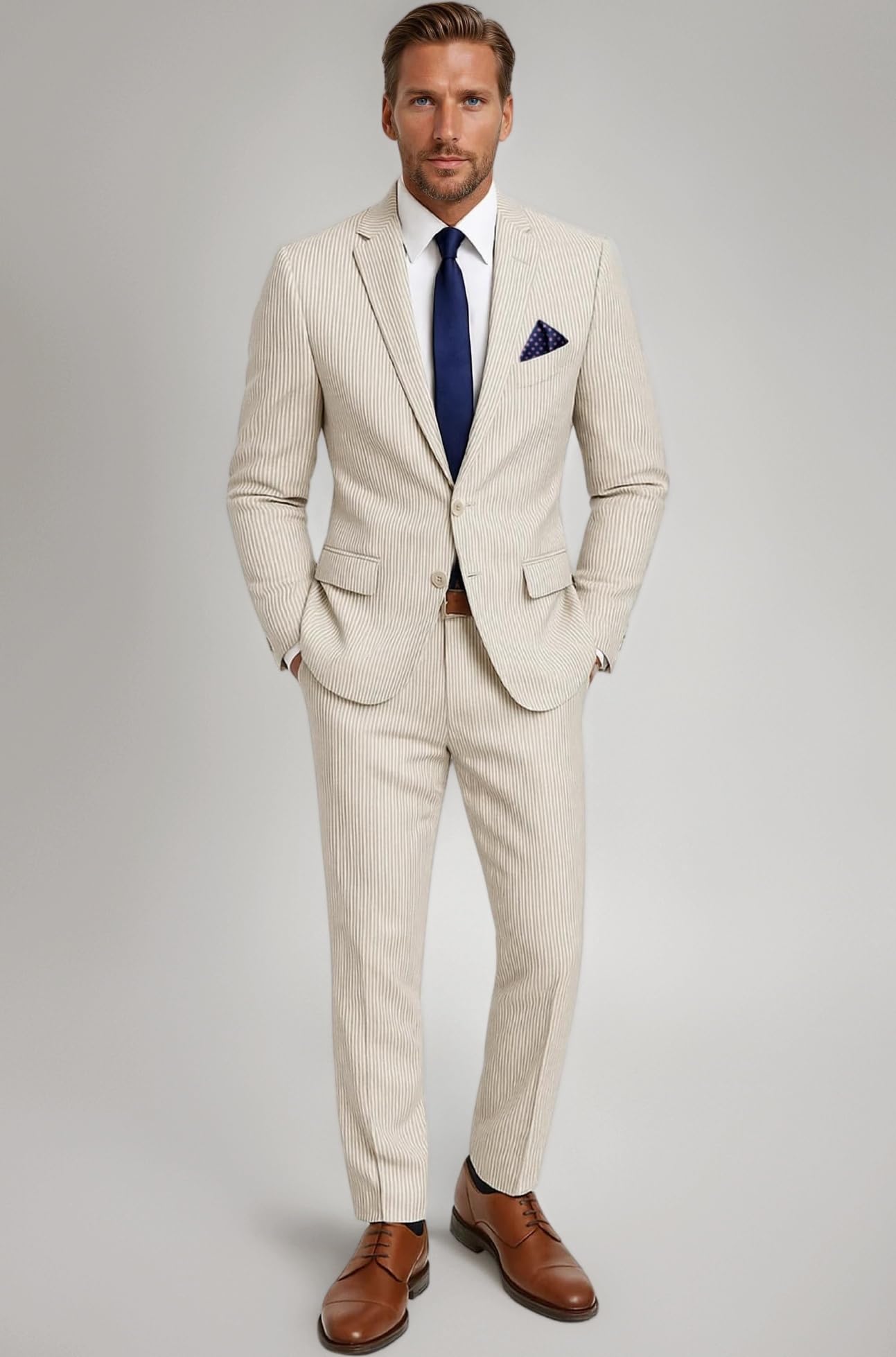 Emigre Mens Tan and White Striped Seersucker Two Button Cotton Suit