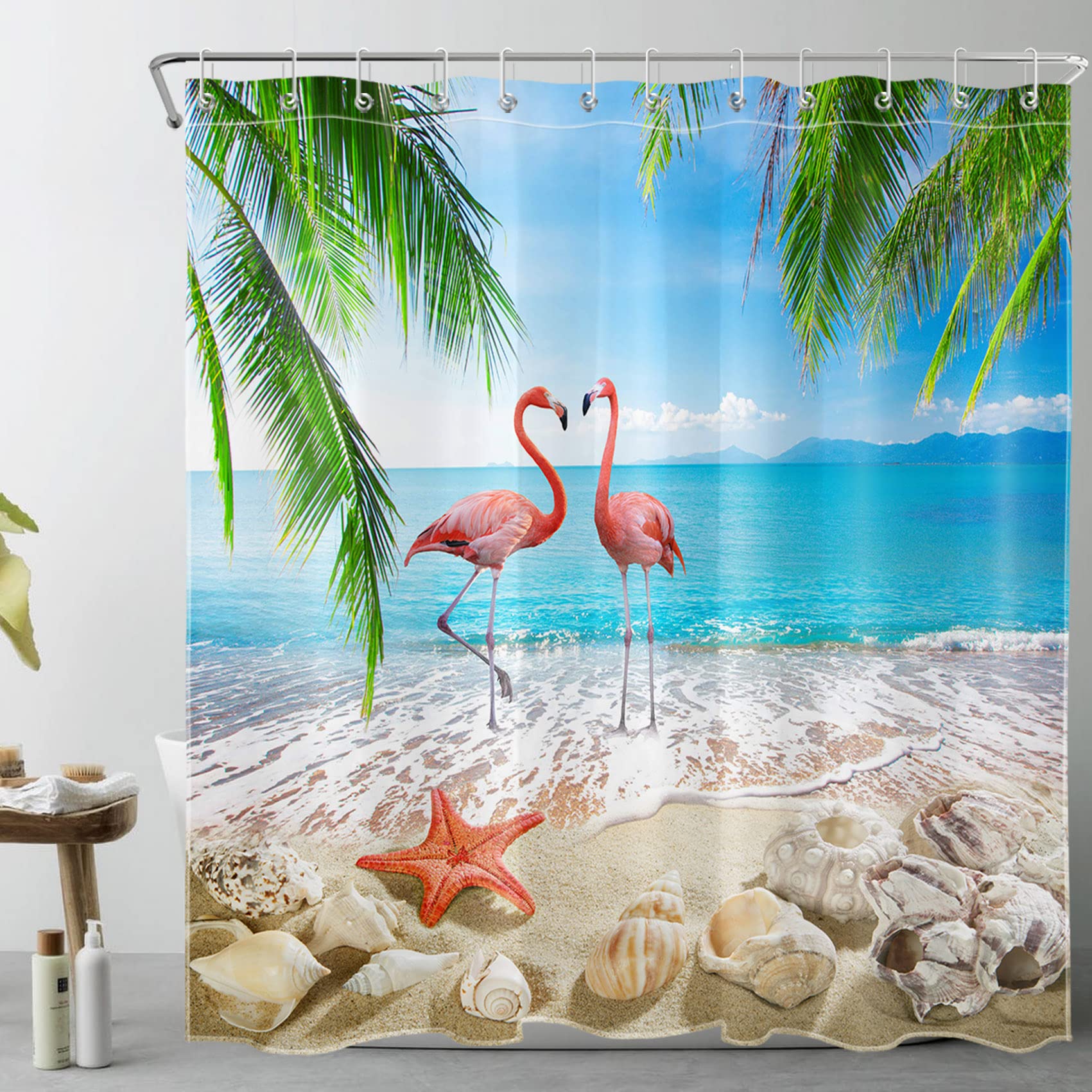 Summer Ocean Beach Shower Curtain for Bathroom Funny Pink Flamingo and Starfish with Seashell Coastal Bathroom Shower Curtains with Hooks, Tropical