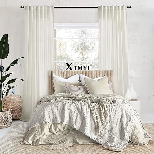 Miniatura 8 de XTMYI Juego de 2 paneles de cortinas de 105 pulgadas, con pestaña trasera, cortinas traslúcidas de lino para sala de estar, dormitorio, 50 x 105