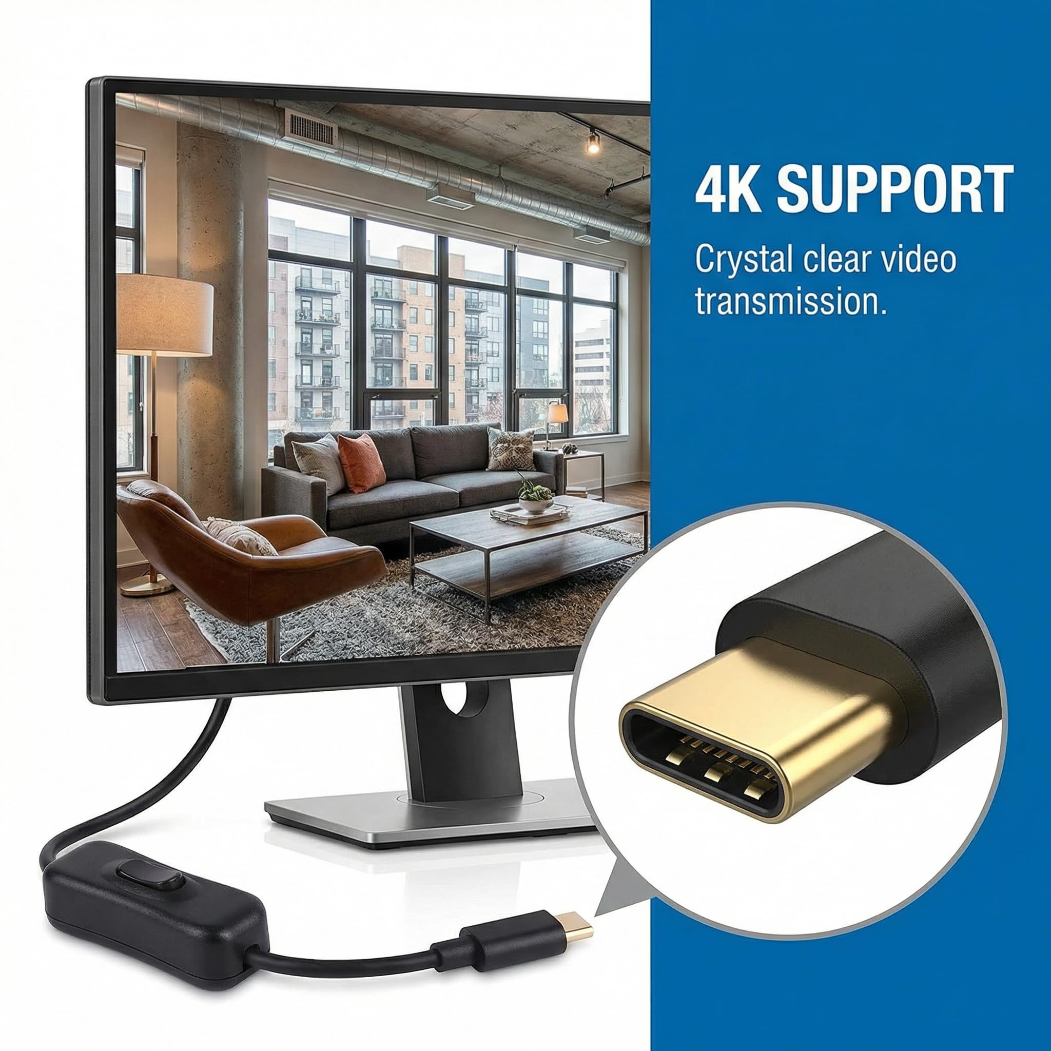Cavo di prolunga USB-C con interruttore on/off in linea, controllo di alimentazione da 1,8 m, per monitor, stampanti e giochi, connettori placcati in oro e supporto video 4K (nero)
