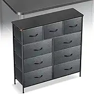 Curved Profile Dresser for Bedroom, Chest of Drawers, 9 Storage Drawers Organizer Unit, Black Dresser with Fabric Bins for Closet, Living Room, Kid Room (Grey and Charcoal Black)