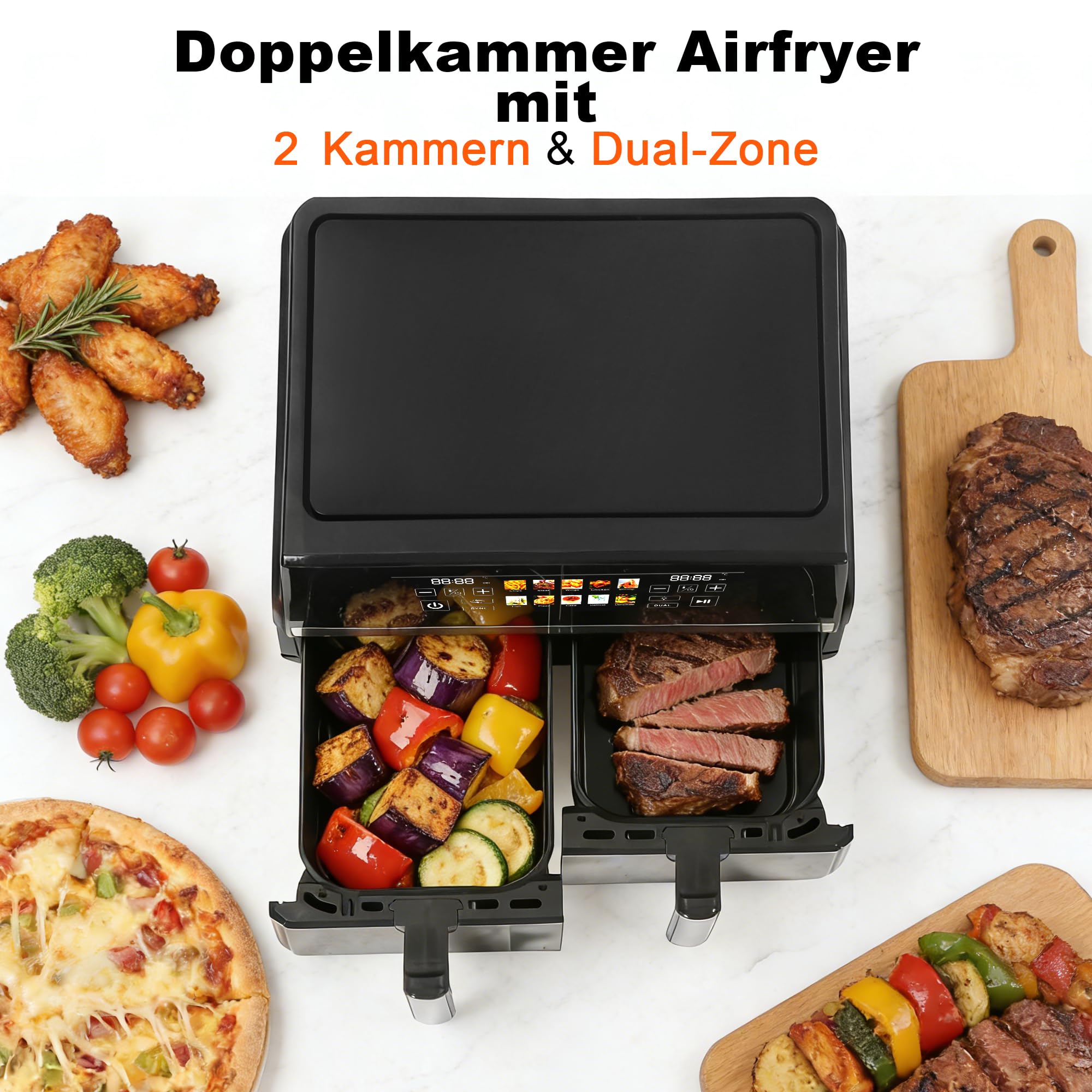 Citybee Heißluftfritteuse 2 Kammern XXL 10L (5L+5L) mit Sichtfenster, Dual Zone Airfryer Doppelkammer, 2 Garzonen, SYNC & DUAL, 2200W Touchscreen, Timer bis 24h, spülmaschinengeeignet