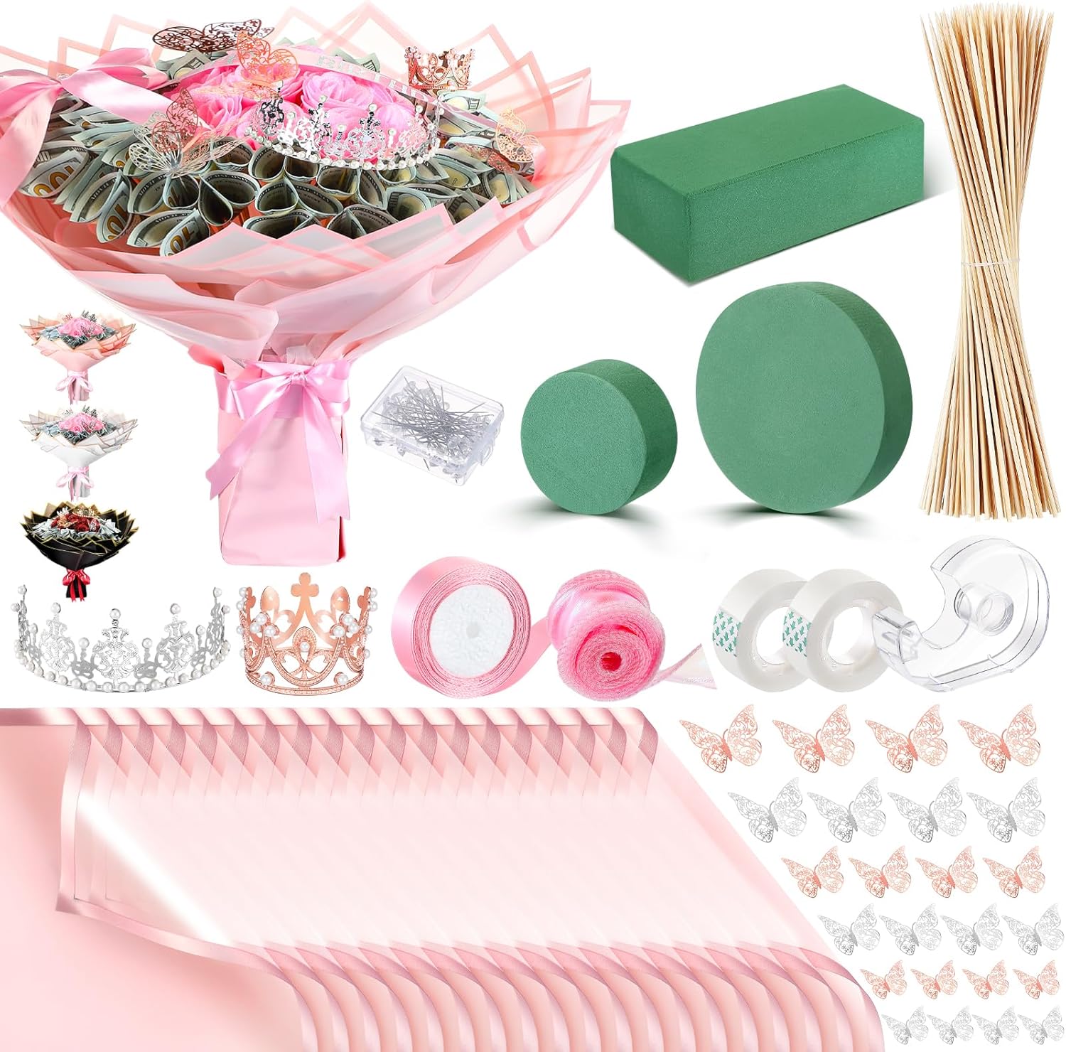 XunYee Bouquet Kit 20 Sheet Flower Wrapping Paper 100 Pcs Bamboo Skewers Floral Foam Blocks for Anniversary Birthday Gift Graduation Mother's Day(Transparent Pink)