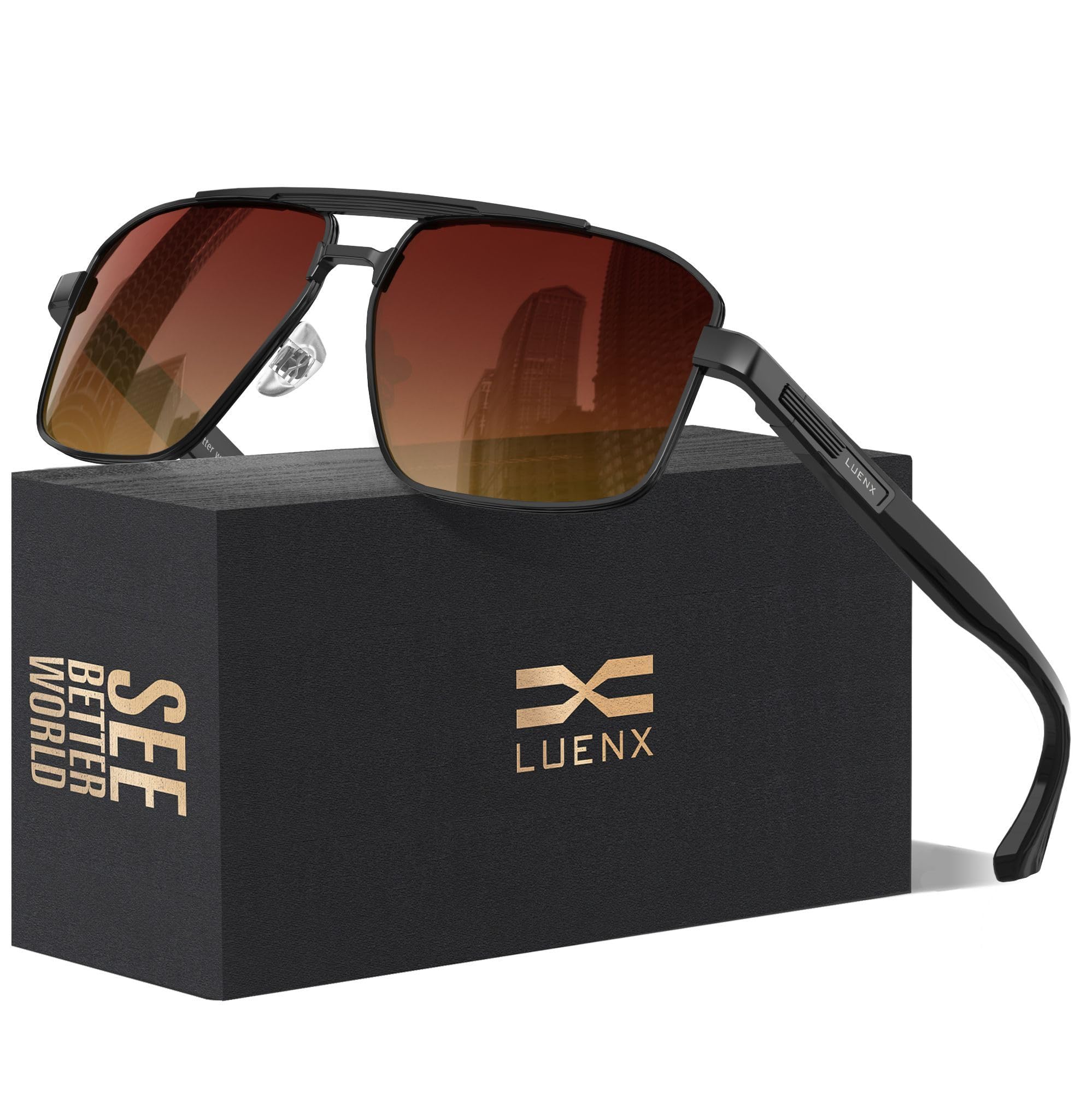 Photo 1 of [Left side is broken] LUENX Aviator Polarized Sunglasses for Men Women Square Polygon Shades – UV400 Protection, Anti-Glare Black Frame, 60mm Gradient Brown Lens for Driving Fishing