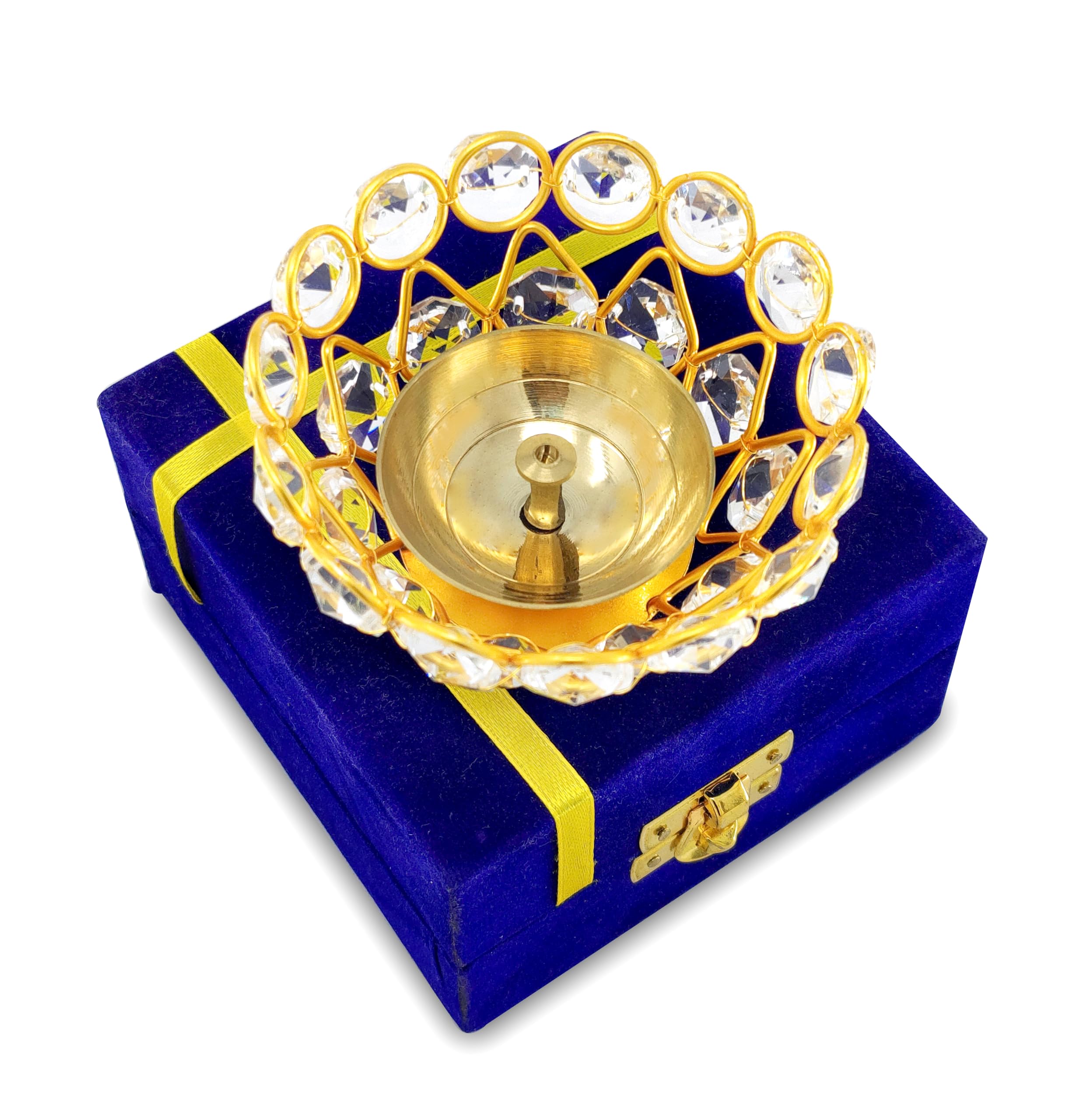 NOBILITY Gold Crystal Diya with Blue Velvet Gift Box Home Decoration Chrystal Piyali Dia Pooja Items Puja Gifts Handmade Oil Lamp Traditional Indian Dhanteras Deepawali Diwali Gift Items 6 Pcs