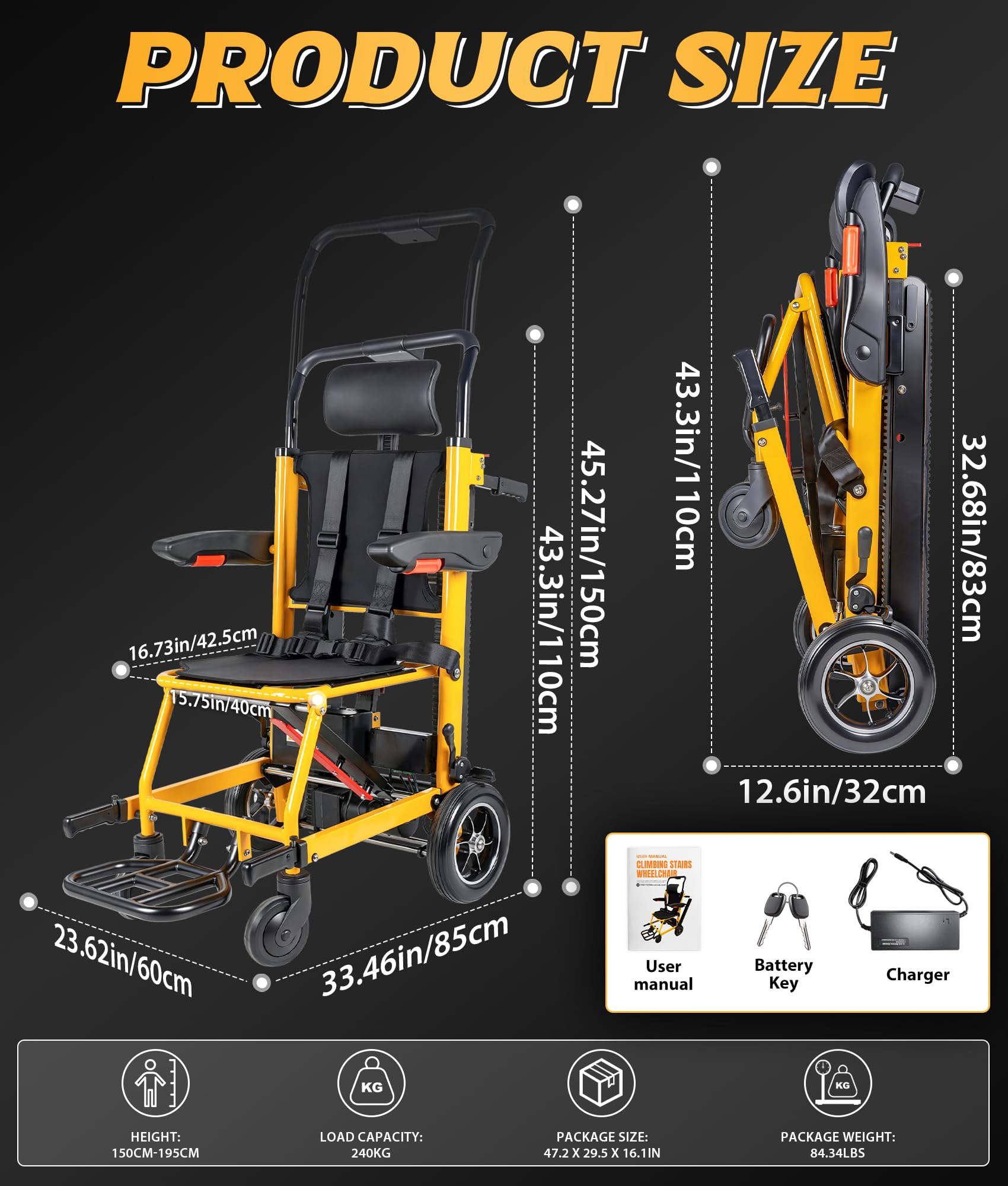 Elektrischer Treppensteiger Rollstuhl Faltbar mit Gummikette, 240KG Elektrischer Treppenlift Stuhl, 3 Speed Rollstuhl Faltbar Treppen Mobilitätshilfe mit LED Licht, Medizinische Rettungstrage für Se