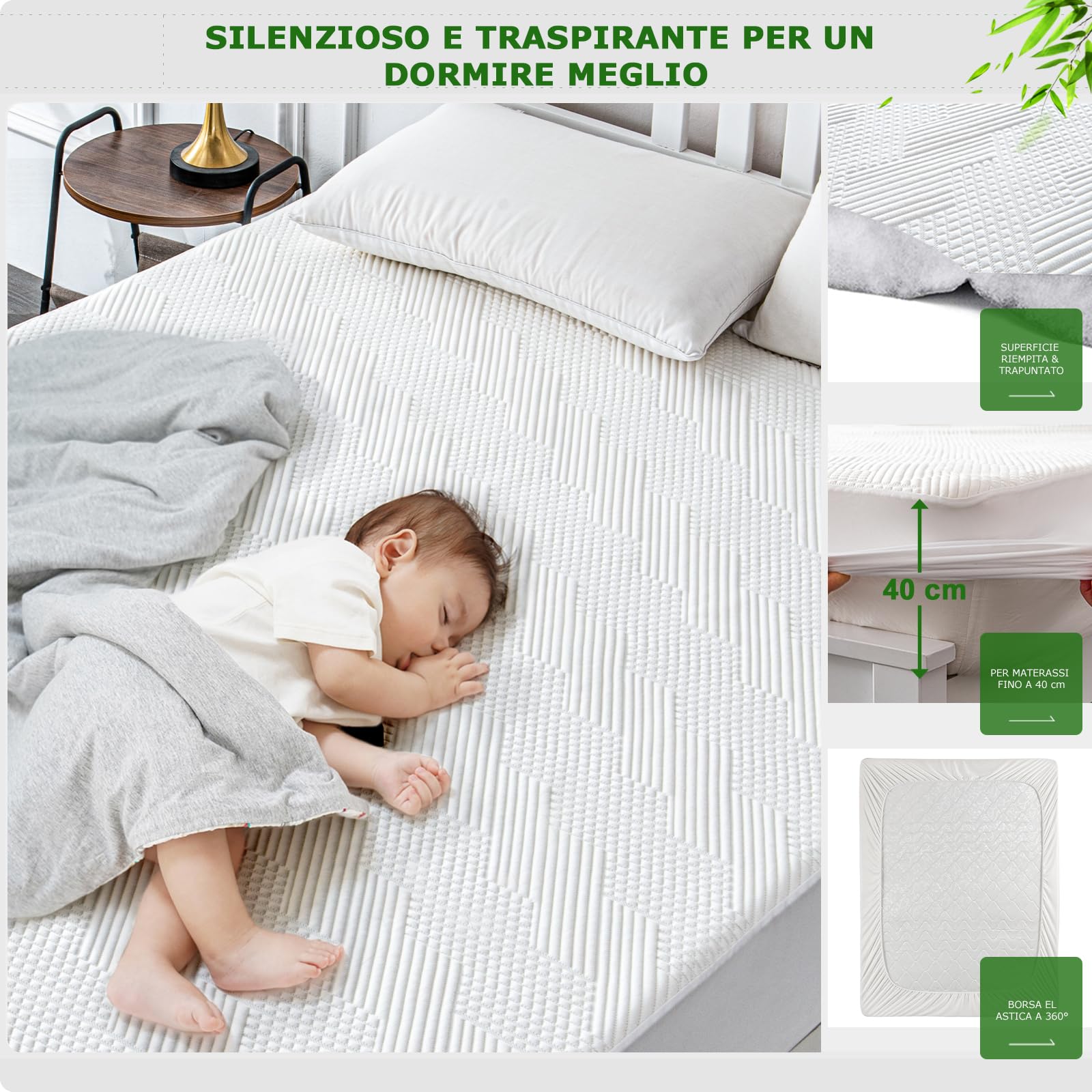 GRT Coprimaterasso matrimoniale Fibra di Bambù Impermeabile 160x200 - Proteggi Materasso Trapuntato con Elastico fino a 40 cm di Profondità - Copri Materasso Traspirante e Oeko-Tex