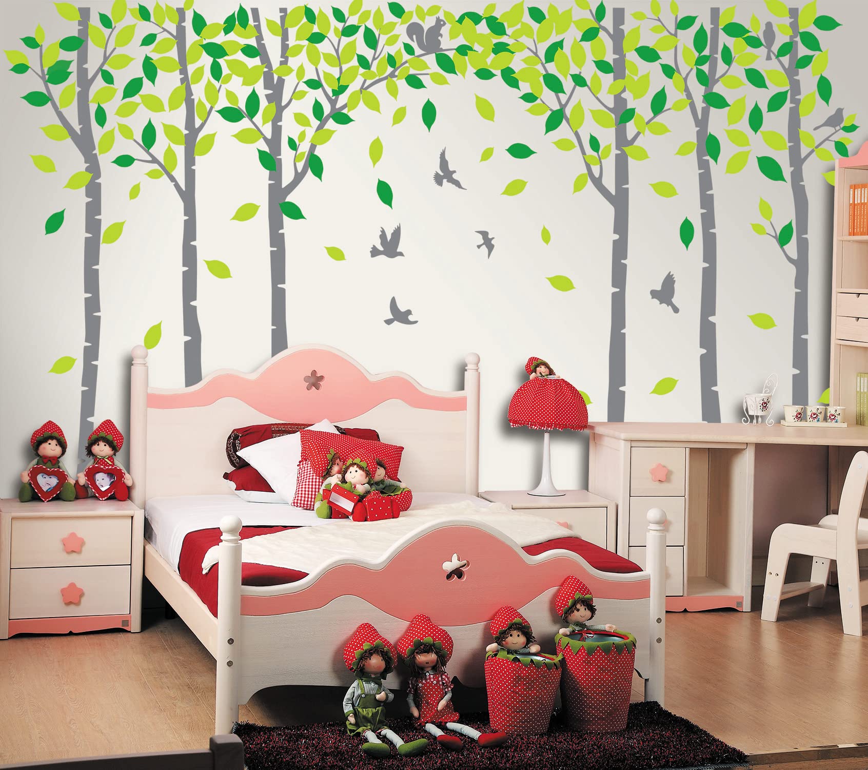 Sei adesivi da parete con albero di betulla, con uccelli, scoiattolo, foresta, albero, adesivo da parete, decorazione per camera dei bambini, camera da letto, soggiorno, aula (grigio, verde)