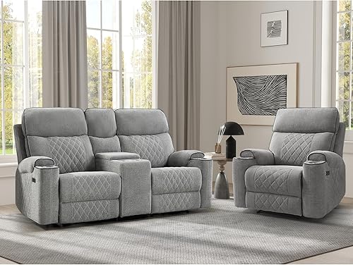 Miniatura 10 de EBELLO Juego de sofá reclinable eléctrico, sillón reclinable eléctrico de tela y sofá de 3 plazas con portavasos, puertos de carga USB Tipo-C y Gris