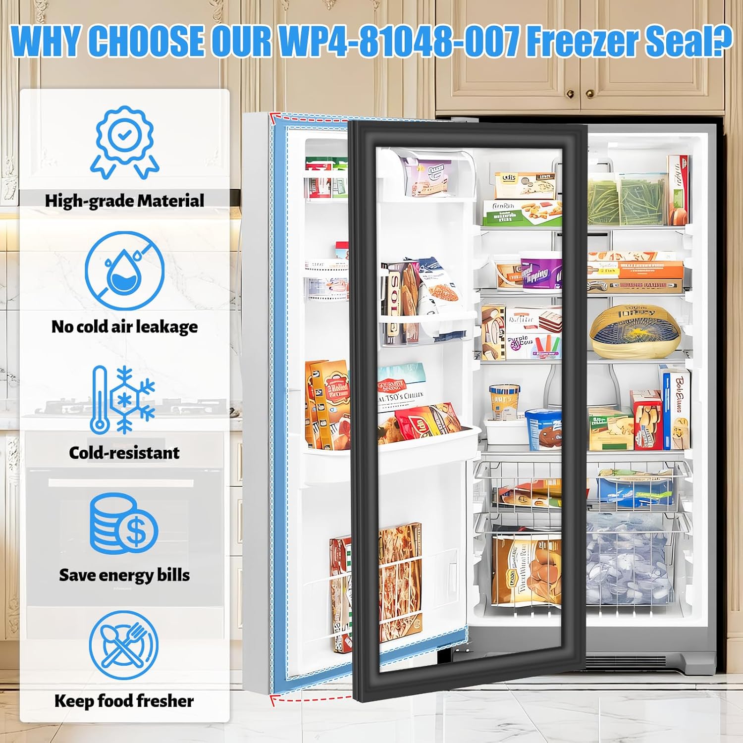 Upgraded WP4-81048-007 4-81048-007 Refrigerator Door Gasket Compatible with Whirlpool Freezer Door Seal Replacement 4390759 1864000 Refrigerator Door Seal Black Fridge Door Gasket Seal 60.16"X29.25"