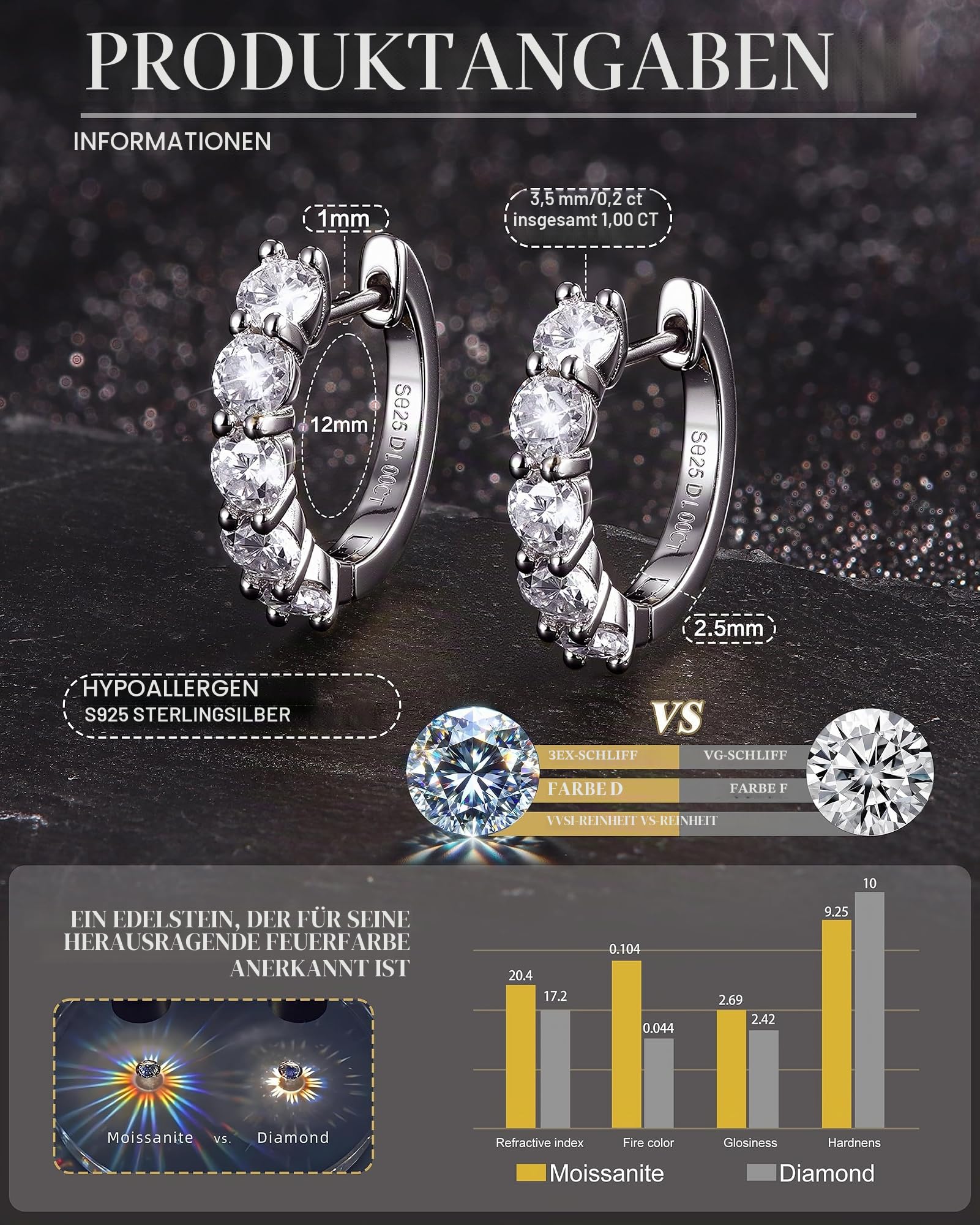 DOCHAIS Moissanite Ohrringe Silber 925 Damen 14K Vergoldetes Hypoallergene Ohrringe Hängende Moissanite Creolen Schmuck Für Frauen Valentinstag Geburtstag Geschenk 3.5mm
