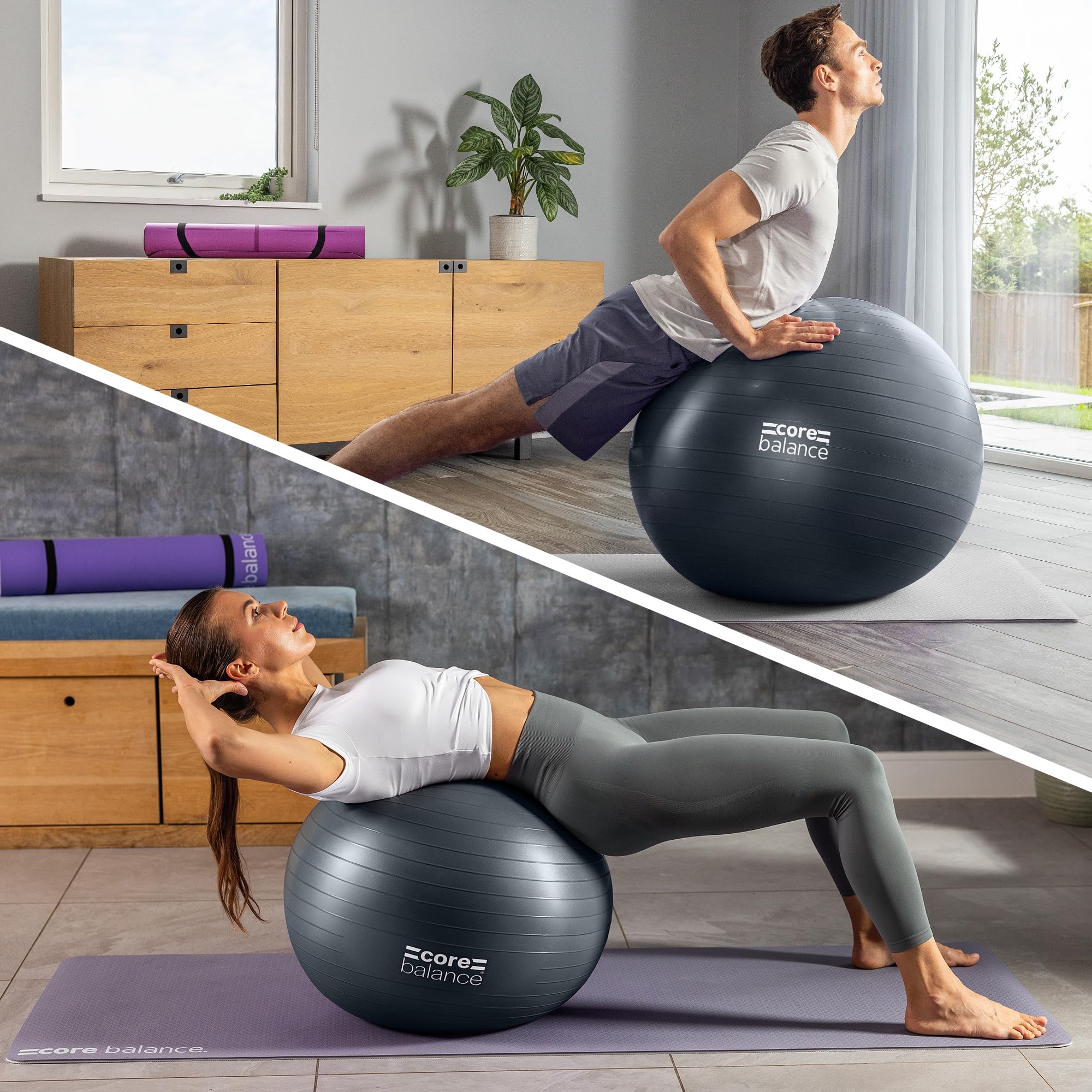 Core Balance Anti Burst Gym Ball, 45-85cm With Hand Pump (55cm, Black) - Image 2