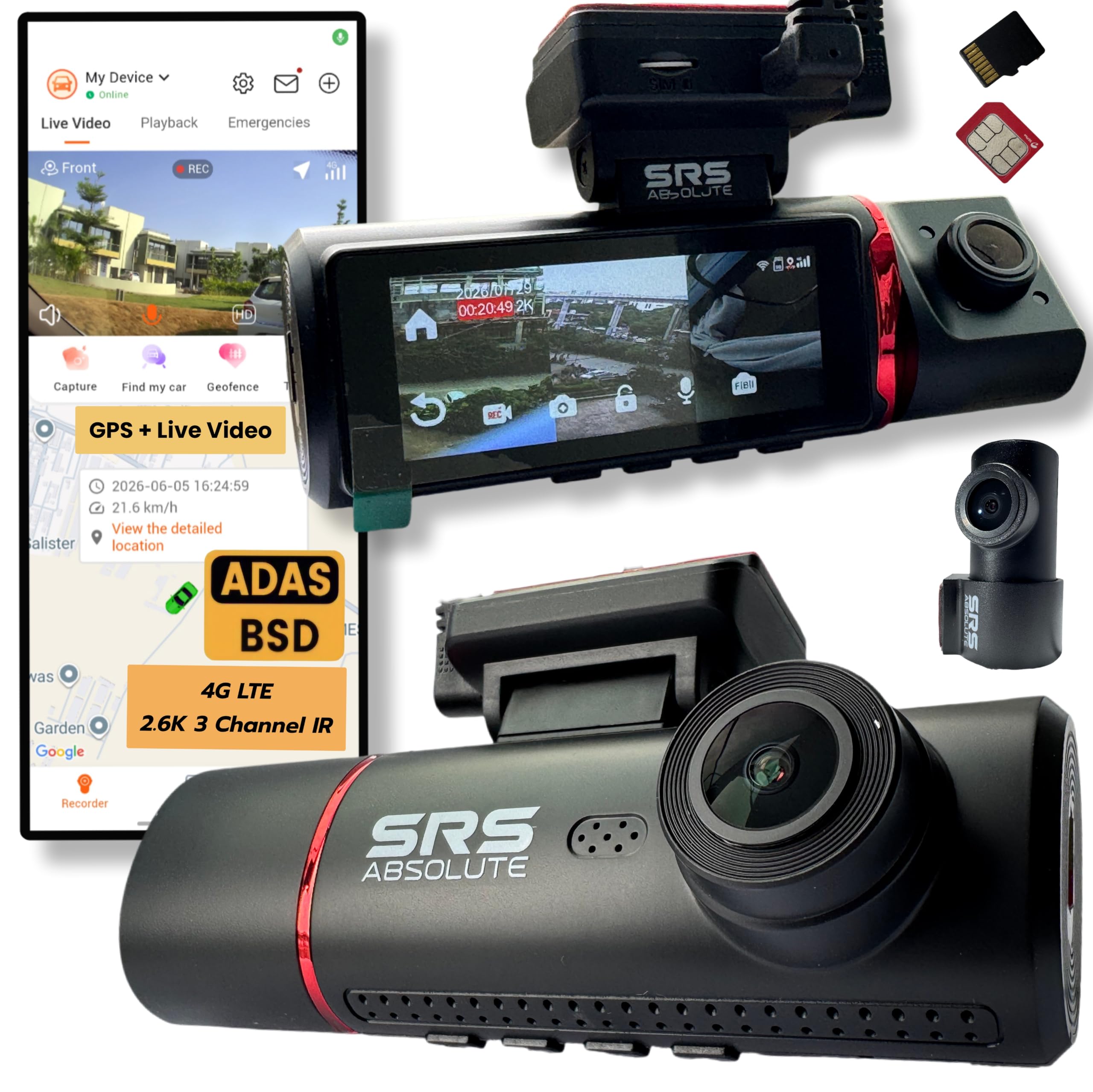 3 Channel 4G Dash Cam Record GPS Tracking Live Video ADAS BSD Park Monitor Timelapse WiFi Hotspot Reverse Parking Calling MicroSD SIM (3 Channel 4G ADAS BSD DashCam S44GTrio Gen4)-image-8