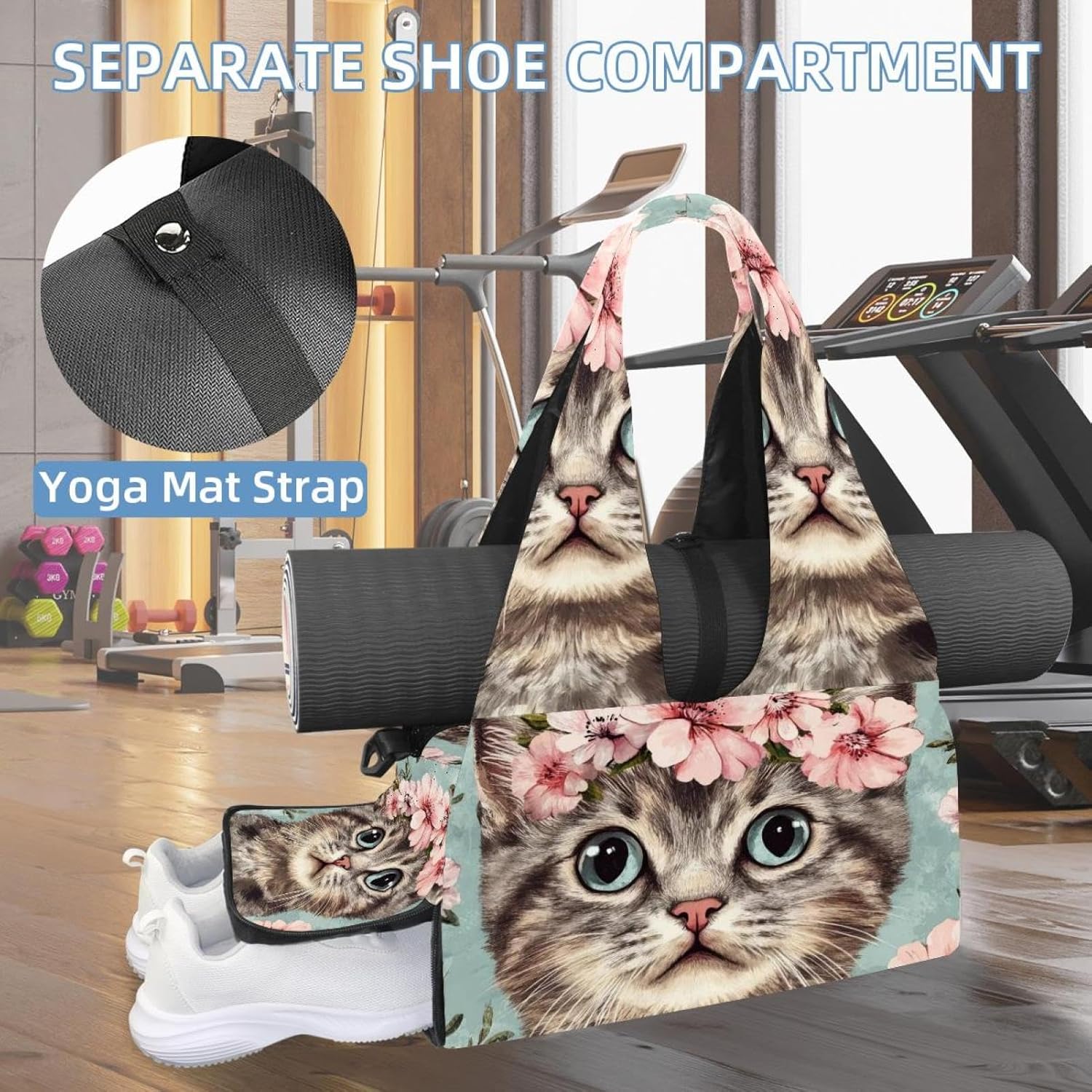 Gym Bag for Women, Cats Florals Yoga Mat Bag with Shoe Compartment, Sport Yoga Gym Bag with Yoga Strap, Carryall Yoga Tote Bag