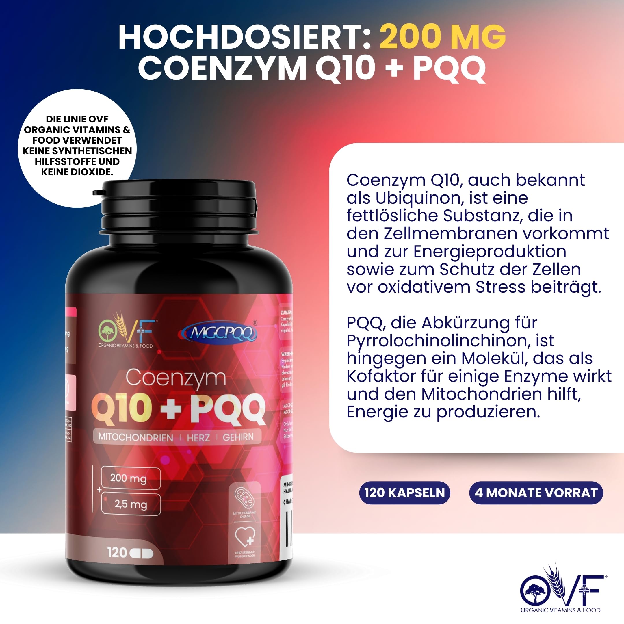 OVF Coenzym Q10 + Pqq 120 Kapseln 200mg Coenzym Q10 Kapseln Hochdosiert Coq10 Nahrungsergänzungsmittel Energía y Bienestar Reduce el Cansancio Antioxidantien Hochdosiert Vegan Made In Italy