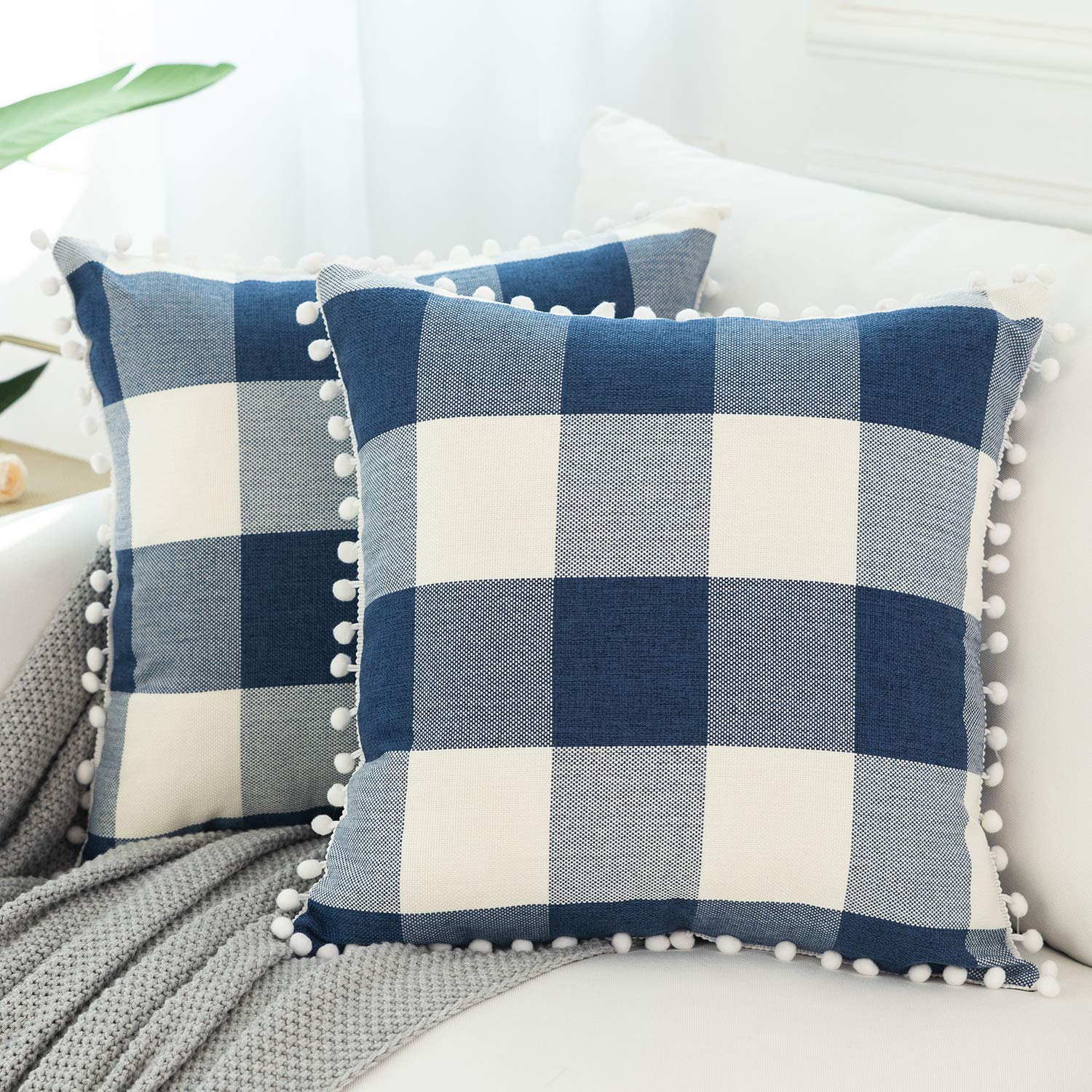 FabThing Plaid Cushion Covers Decorative Throw Pillow Covers Square Pillowcase with Pom Poms for Sofa Home Bedroom Set of 2 45x45cm Navy