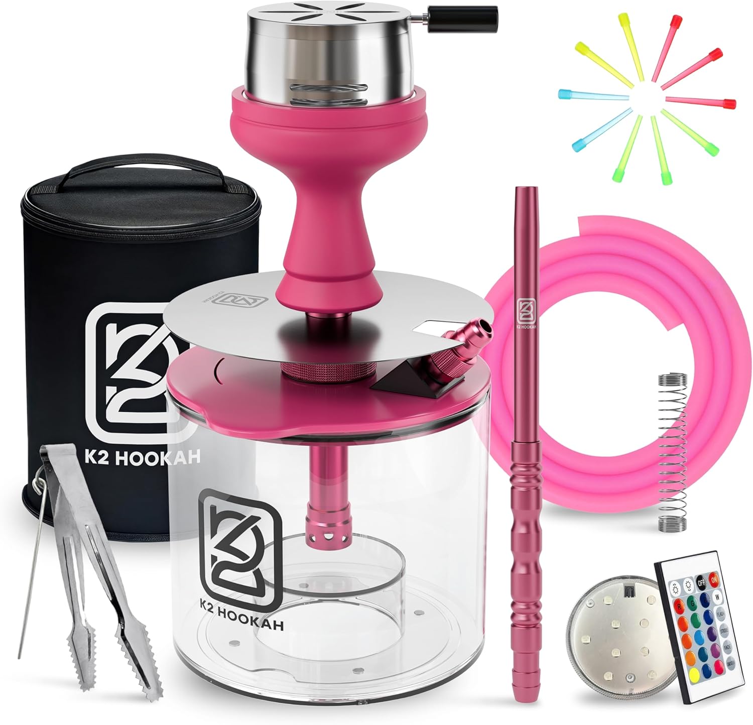 Portable Acrylic Hookah Set With Everything Charocal Holder HMD Tongs Accessories Shisha Bowl (NOVA-PINK)