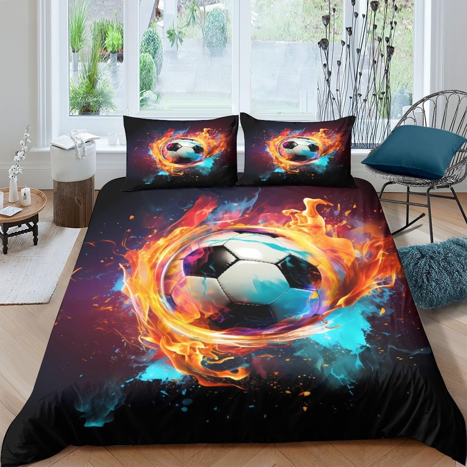 Ctjqhvkz Style-3 3D Printed Fire Soccer Fitted Sheet Microfiber Vibrant Bedroom Decor Water Splash Mattress Cover For Home Dorm Single（135X200cm）