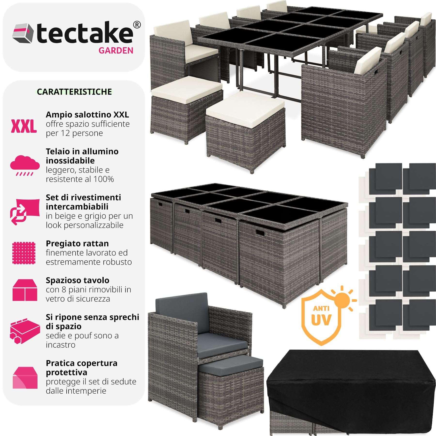 Tectake Set Mobili da Giardino in Poli Rattan 8 Sedie 1 Tavolo 4 Sgabelli Rivestimenti Rimovibili Idrorepellenti Grigio