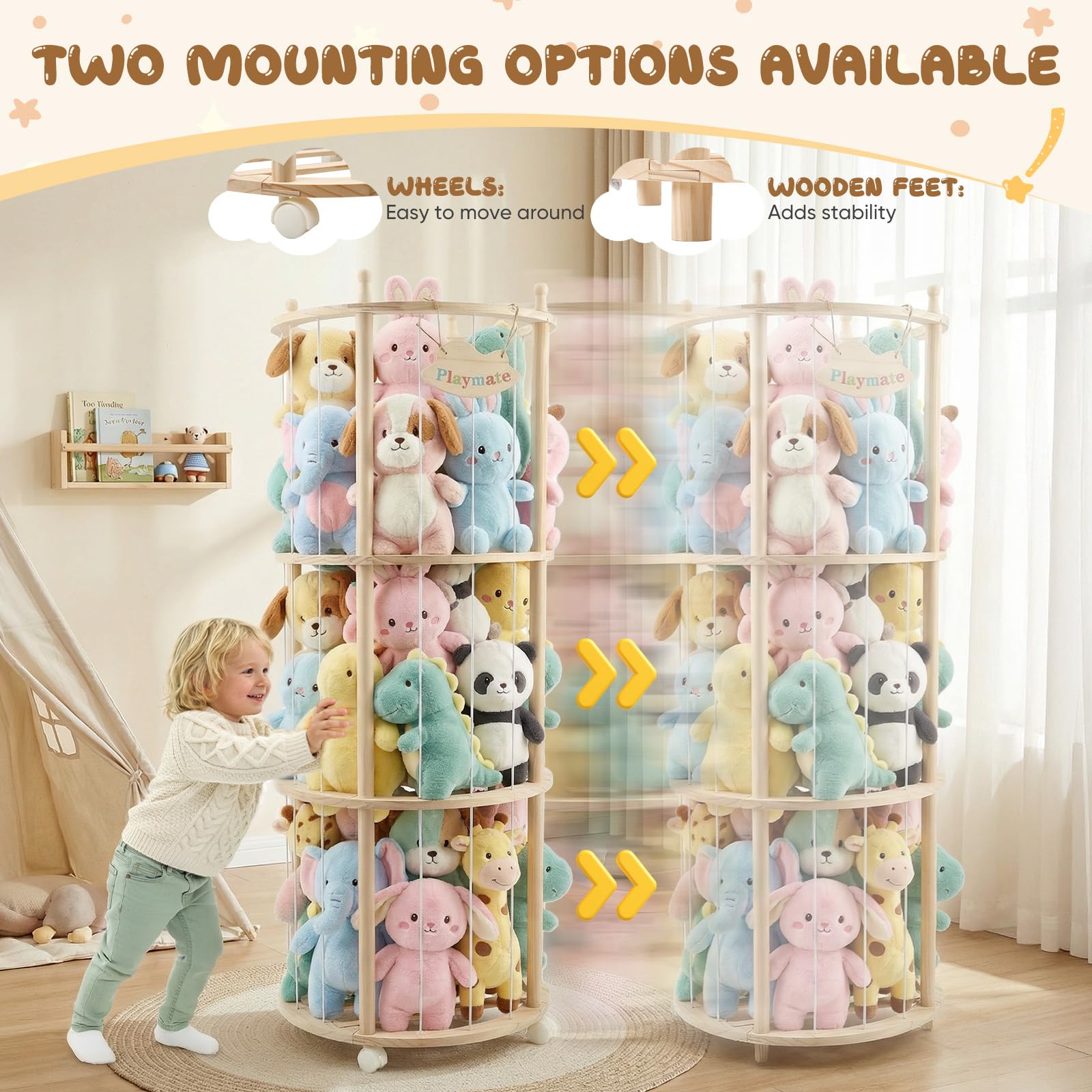 Range Peluche en Bois avec Roues Frein 360° et Élastiques, Organisateur Gain de Place, Rangement Peluche Chambre Enfant pour Chambre d'enfant et Salle de Jeux