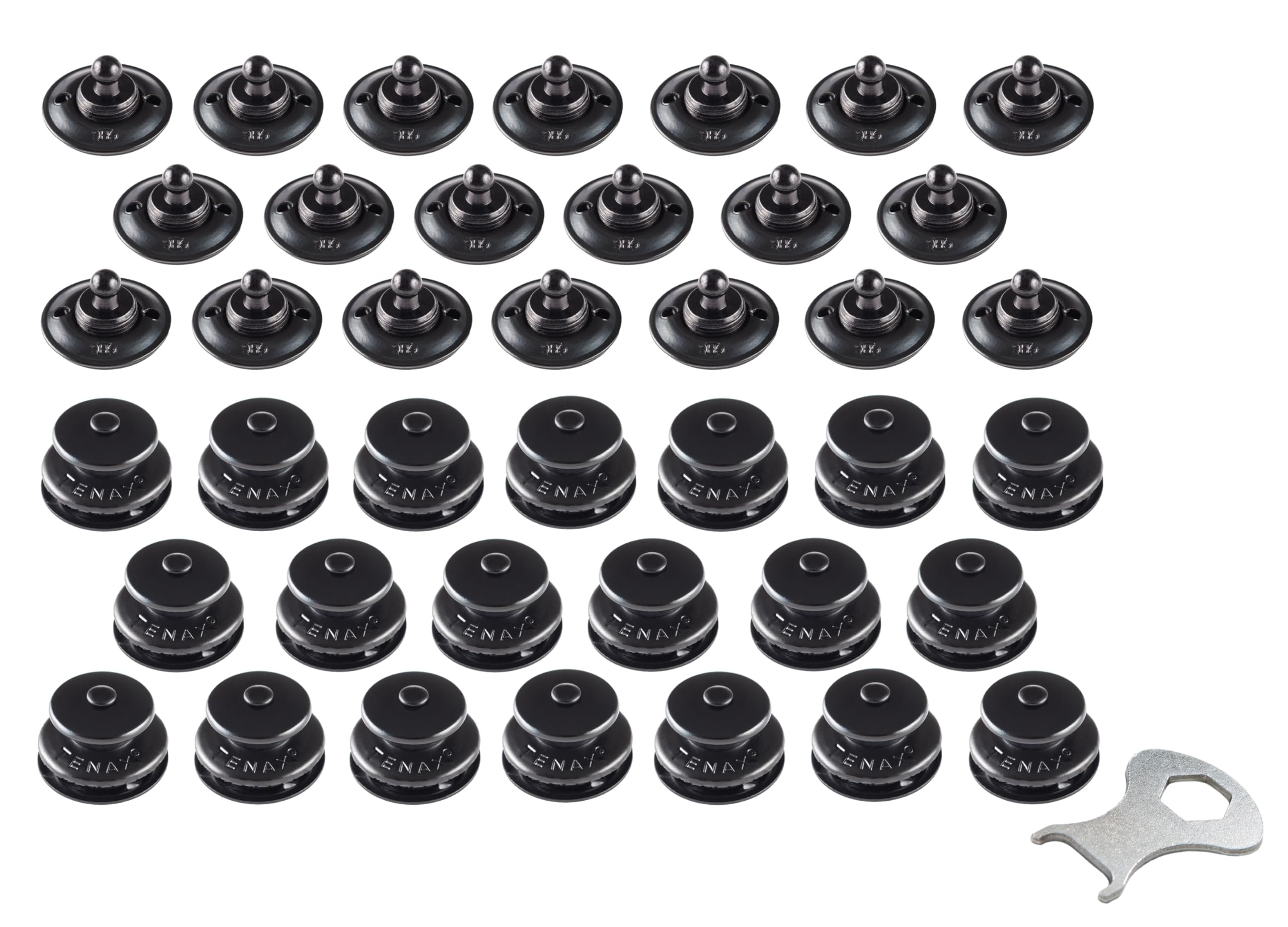 Tenax Buttons Black 20 Tops + 20 Lower Parts Fabric Screws + 1 Tenax Key