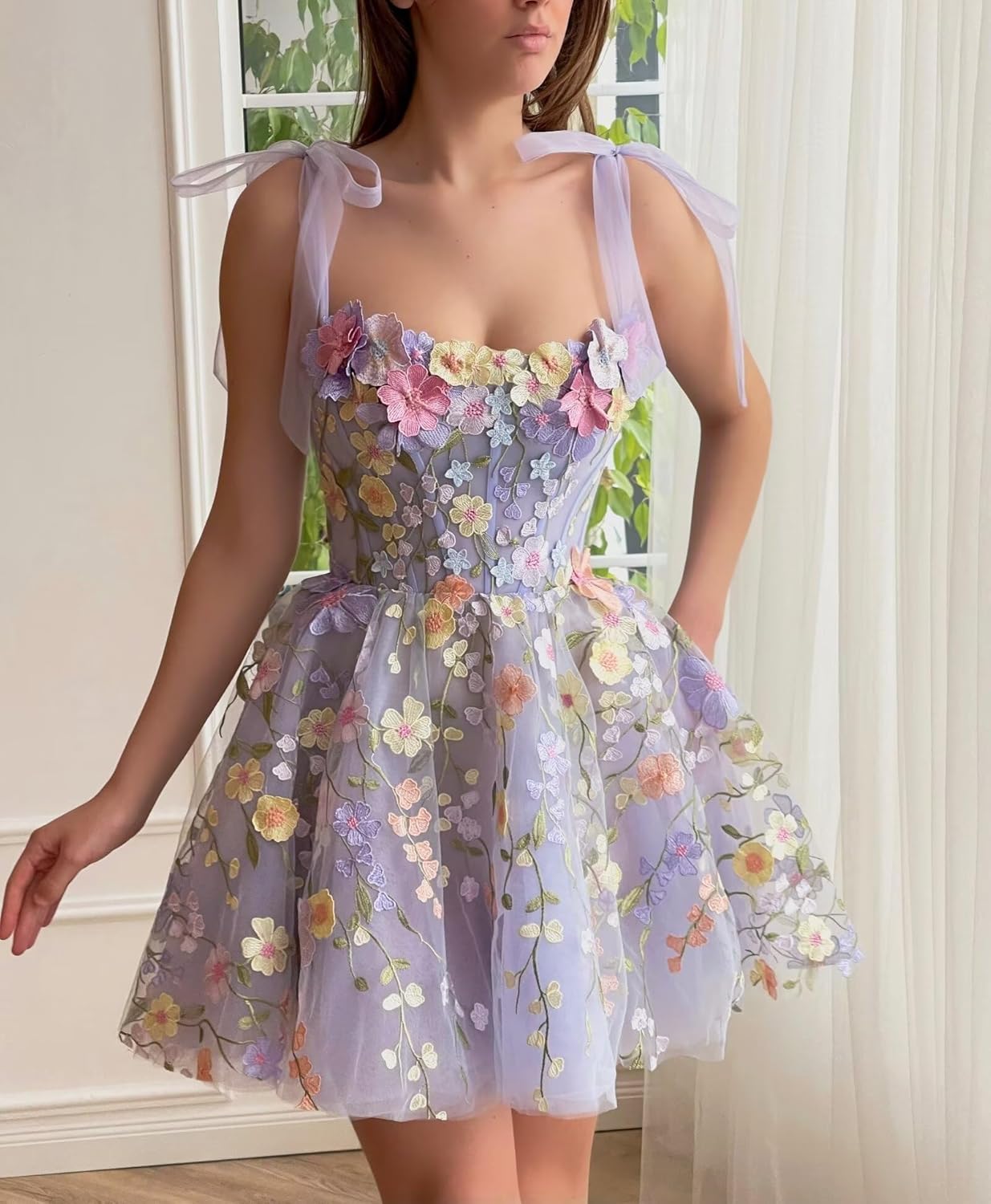 PEIYJYUSP 3D Flower Tulle Homecoming Dresses for Teens 2024 Spaghetti Strap Short Prom Dress A Line Cocktail Party Dress