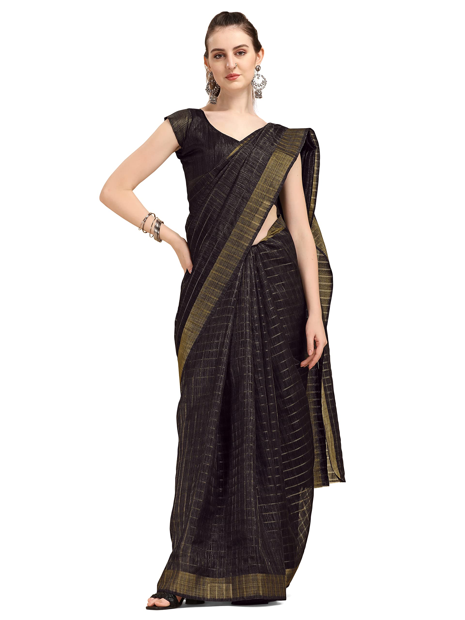 Ethnic JunctionWomen's Checked Cotton Silk Blend Saree With Unstitched Blouse Piece, Black, 5.5m