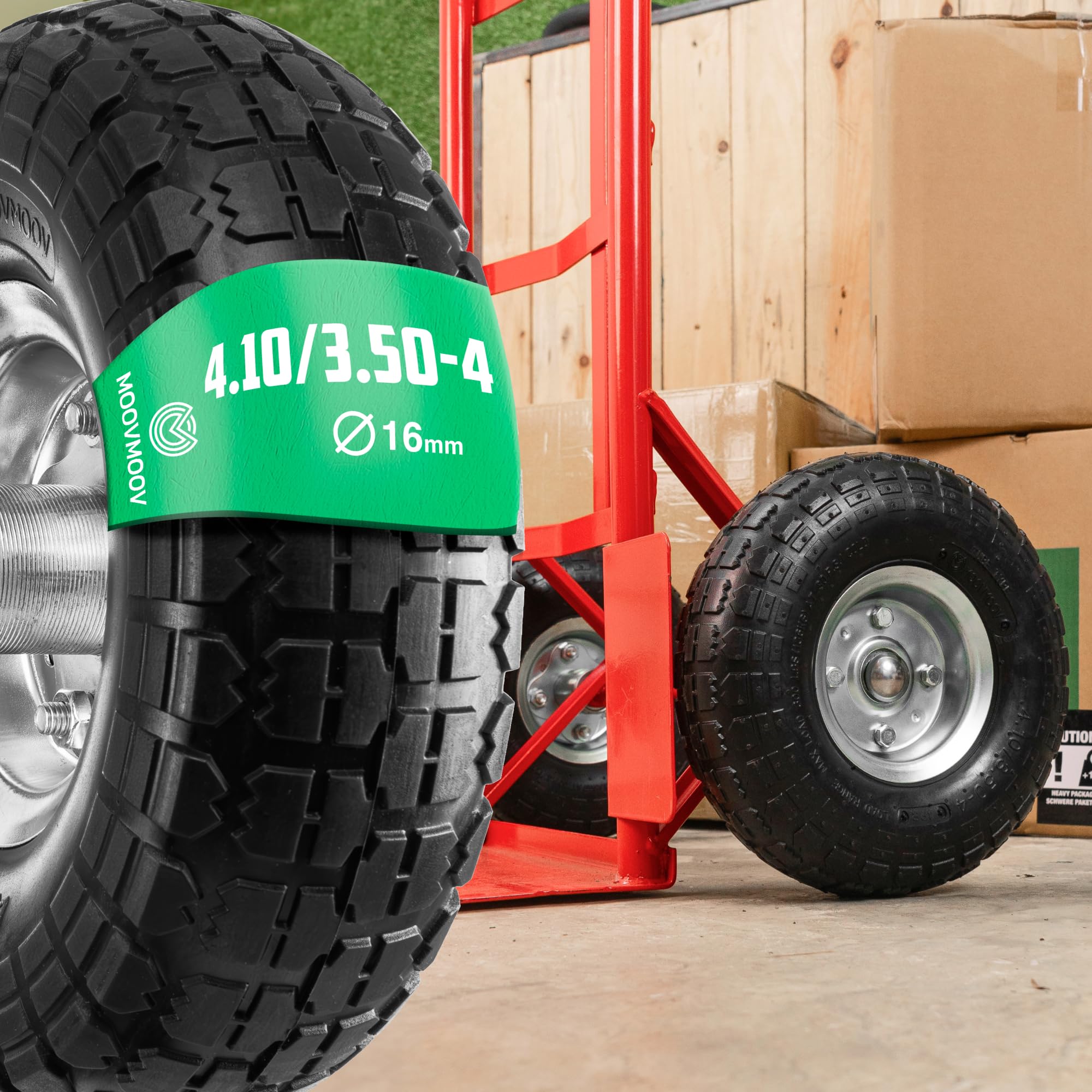 MOOVMOOV Rueda Maciza 4.10/3.50-4 (x2) Orificio para Eje de 16 mm - Cubo Desplazado de 55 mm - Para Carretillas, Carretillas de Mano, Carros, Etc. - Incluye Anillo de Bloqueo + Tapa Autolock