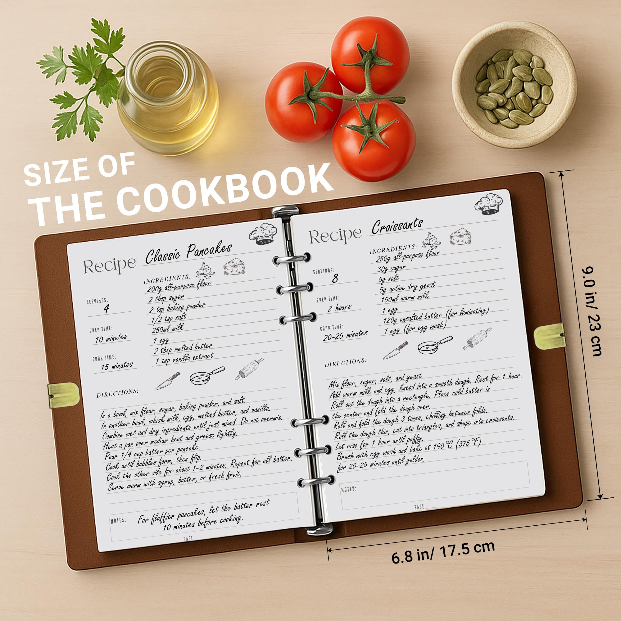 Rezeptbuch zum Einschreiben eigener Rezepte – A5 blanko Rezeptbuch mit Ledereinband – hält 130 Rezepte – inklusive Aufkleber – Familien-Kochbuch Geschenk für Frauen & Hobbyköche