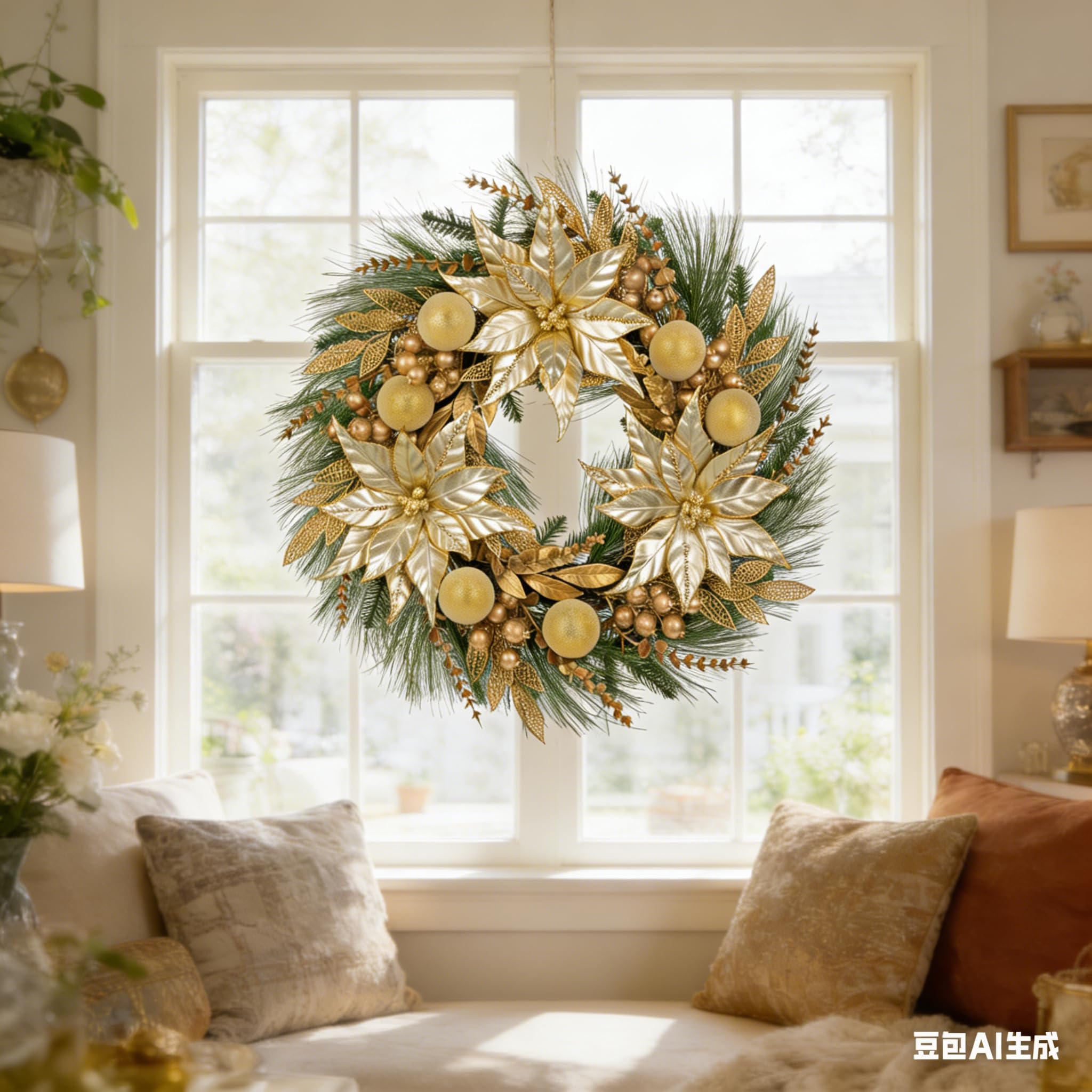 Décoration de Noël Couronne de l'Avent 60 cm Couronne de Noël Dorée Couronne Artificielle Couronne Murale Couronne de Table Noël Décoration de Noël Porte d'Entrée Table Mur Salon Chambre