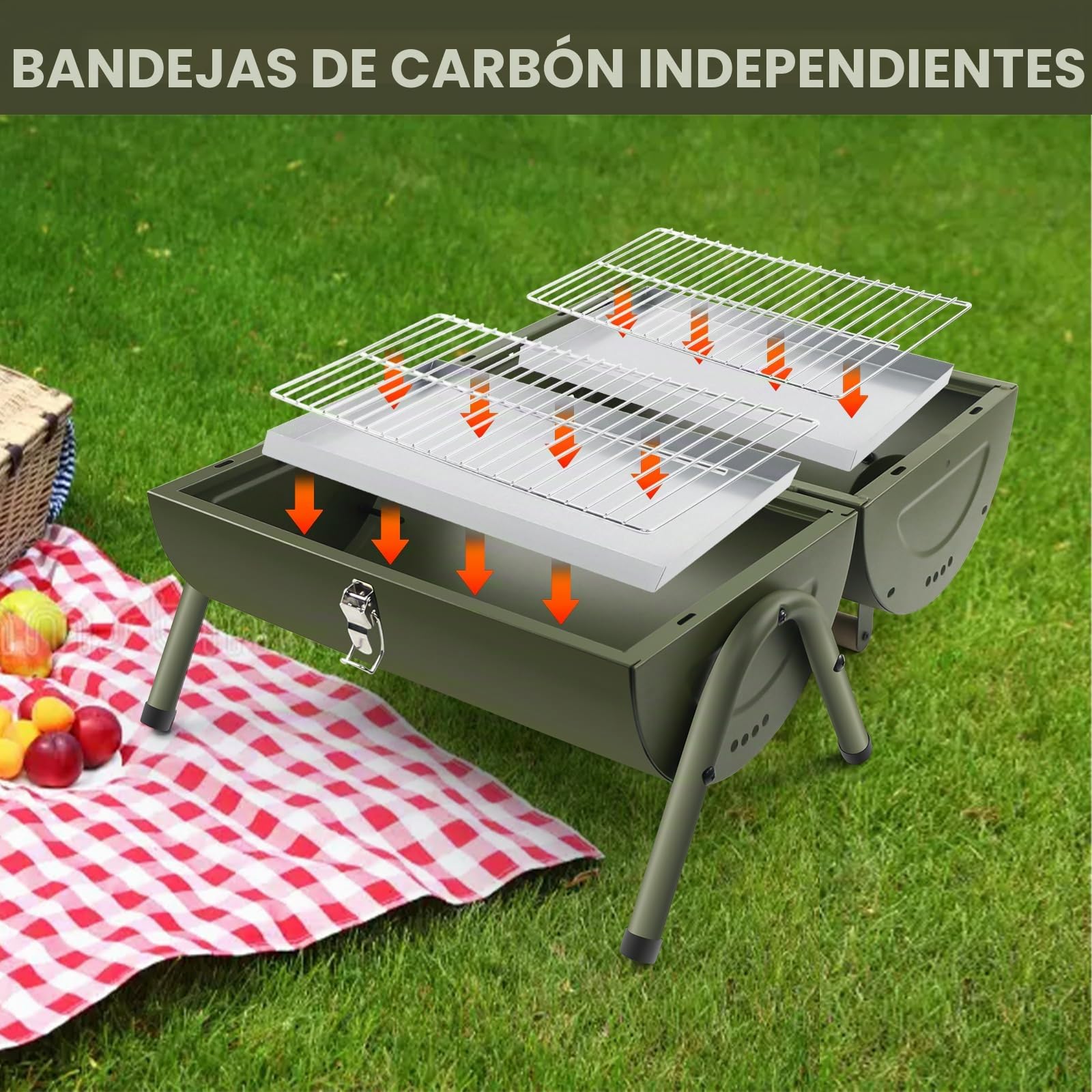 Barbacoa Carbón, Parrilla Portátil para Exterior, BBQ con Tapa, Ventilación Ajustable, Termómetro, para Acampada o Picnic, para Exterior, Terraza, verde