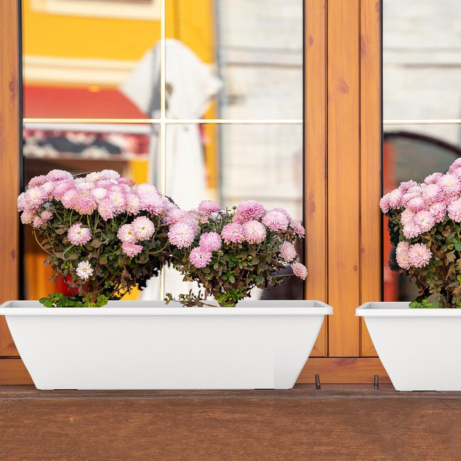 8 Pack 24 Inch Window Planter Box, White Large Plastic Rectangle Flower Planter Boxes with Water Absorbing Net Indoor and Outdoor Flower Pots for Windowsill, Balcony, Patio, Porch (White, 24 Inch)