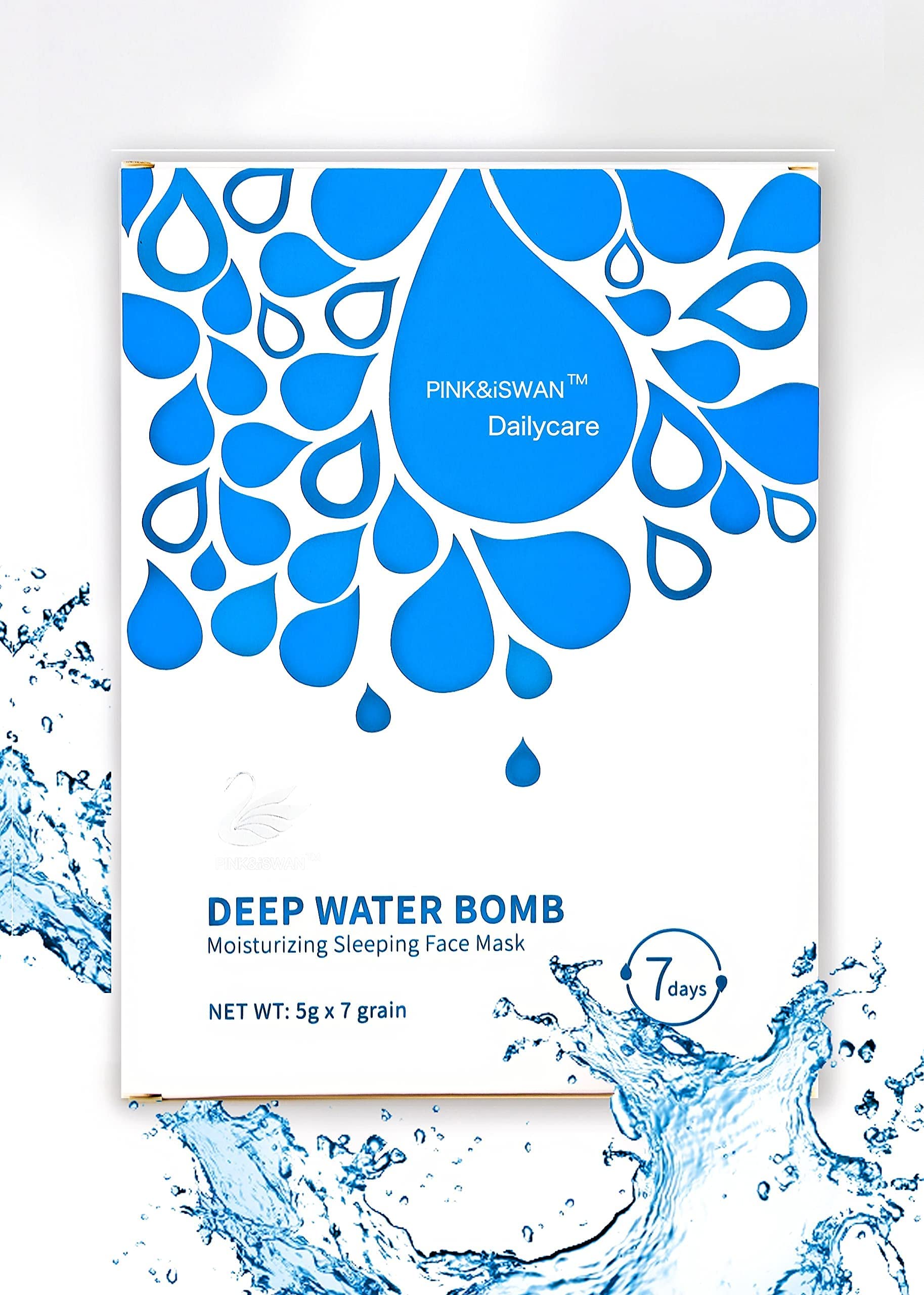 Pink&iSwan Deep Water Bomb Moisturizing Sleeping Face Mask: 100% Natural Facial Moisturizer, Free Wash & Overnight - Hydrating Brightening Skin Care Masks for All Skin Type (7 PACK)