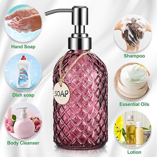 Miniatura 4 de Dispensador de jabón transparente de 16 onzas con bomba de acero inoxidable 304 a prueba de óxido para baño y cocina, dispensador de jabón de vidrio