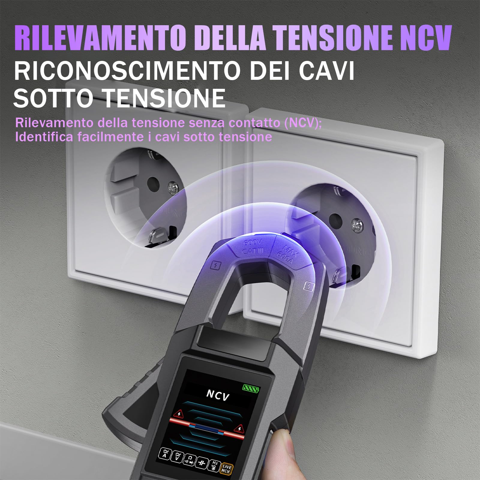 DMC-100 Pinza amperometrica CA/CC, 10000 Conteggi TRMS Multimetro Digitale, 600A Amperometro Ricaricabile con Registrazione Della Curva, Torcia Elettrica, Misura NCV, Resistenza, Capacità, Temperatura