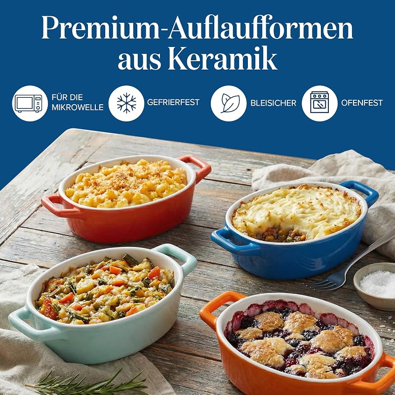 Joeji's Kitchen 4 darabos mini kerámia sütőedény készlet, fehér ovális ramekin füllel