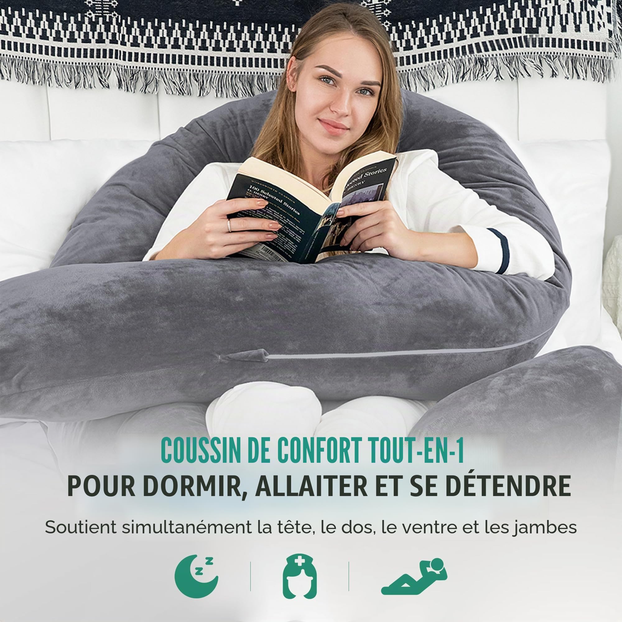Avalo Coussin de Grossesse XXL 280 cm - Oreiller de positionnement latéral en Forme de U - Oreiller Corps Ergonomique - Coussin d'allaitement et de Corps pour Femmes Enceintes - Gris foncé
