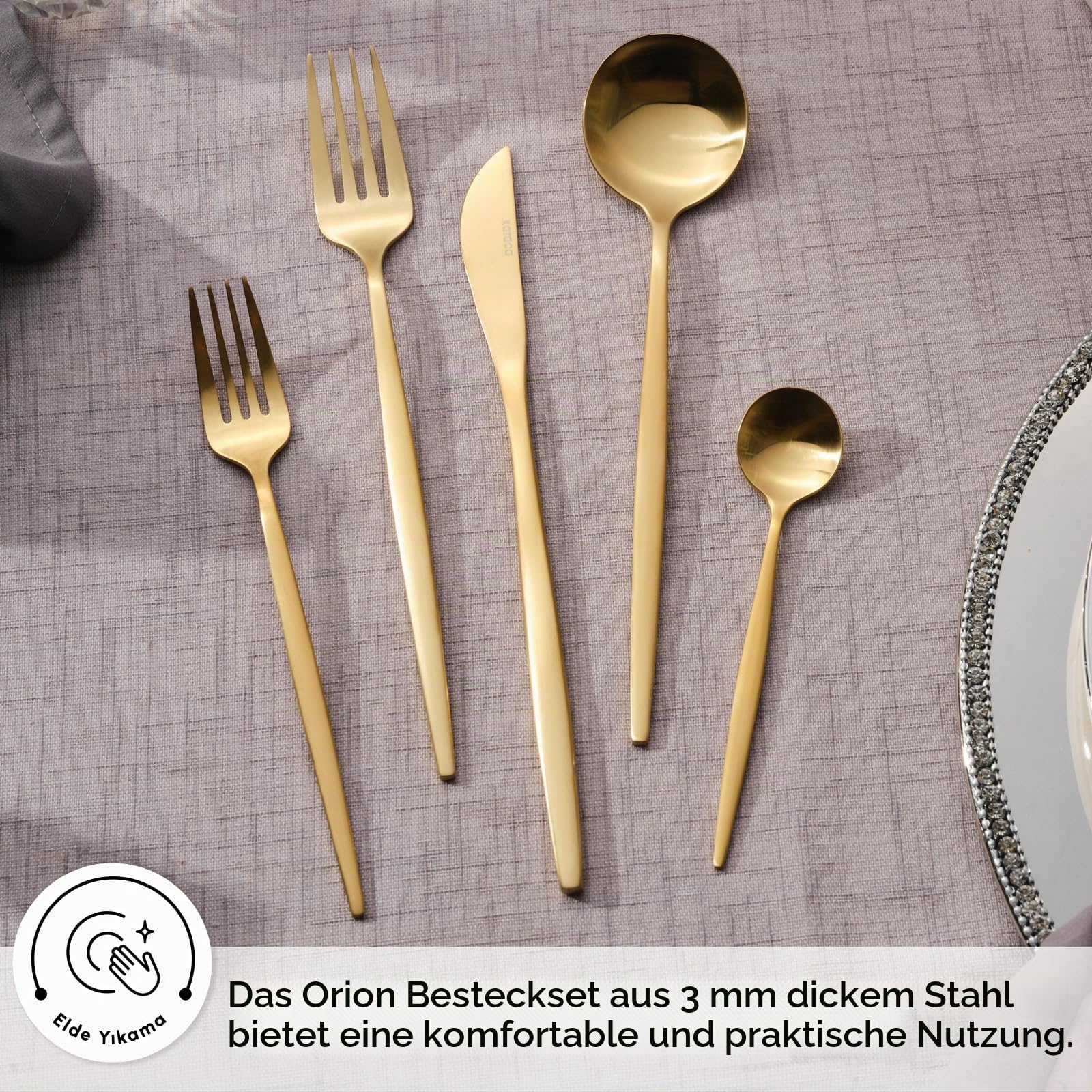 Karaca Orion Bestecksets - Edelstahl Besteck Set für 6 Personen, Gold Besteckset 30-teilig Messer Gabel Löffel Set, Goldenes Besteck Rostfrei & Hochwertig Essbesteck - Gold Matt