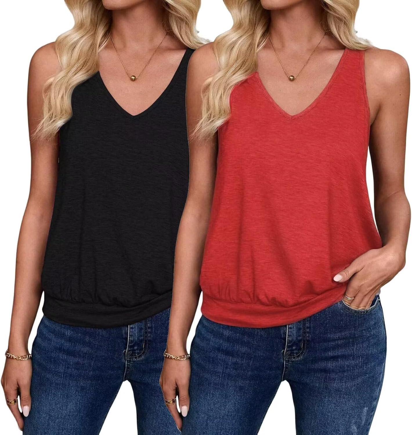 2 Pack Womens 2026 Trendy Tank Tops V Neck Banded Sleeveless Spring Summer Casual Loose Fit Cute Basic Cami Shirts