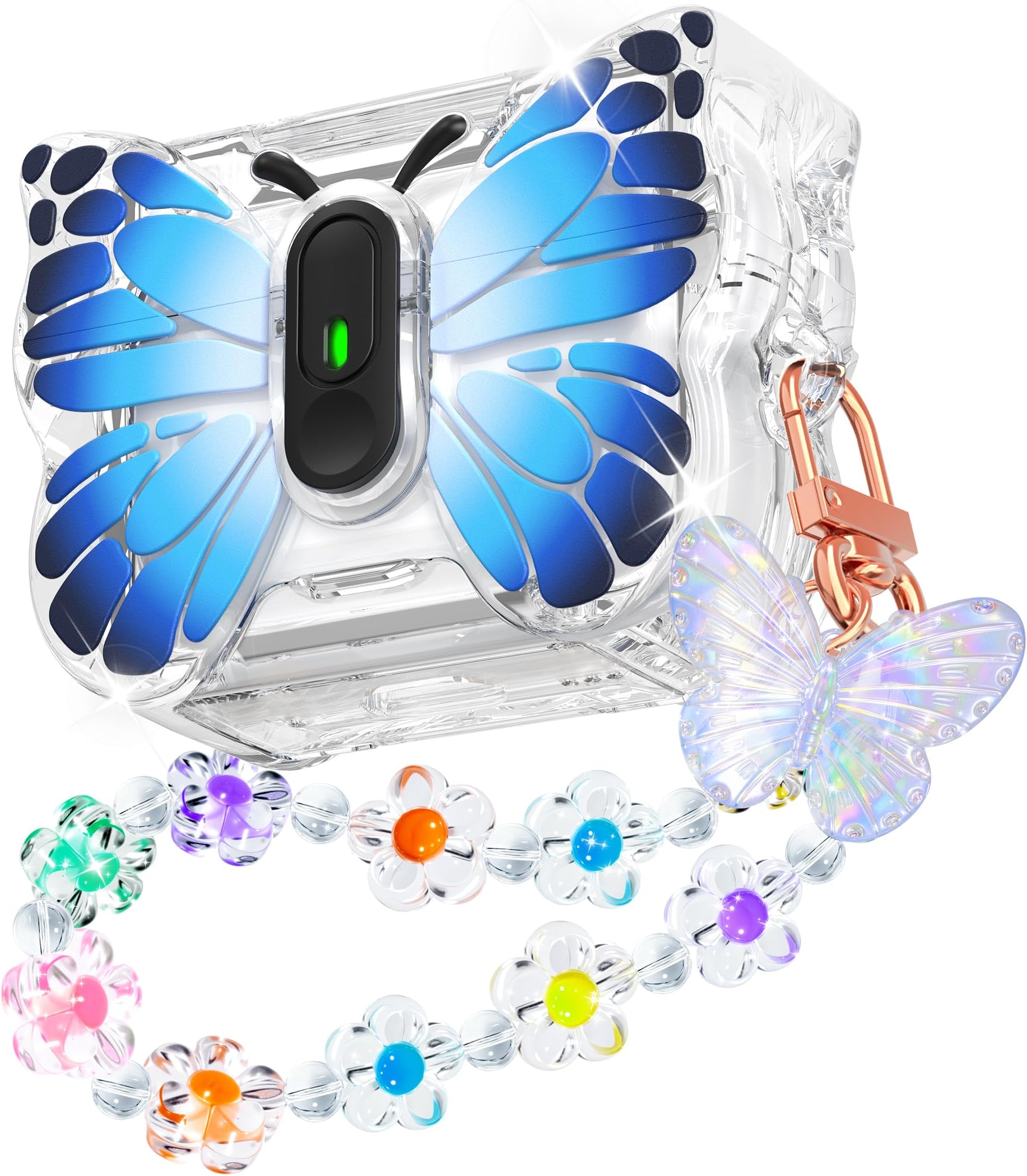 R-fun for AirPods Pro 2 Case Butterfly Artistry - Auto Pop-Up Lid & Kickstand Function, Military-Grade 360° Protection with Beautiful Bracelet & Cleaning Kit for AirPods Pro 2 Gen，Black Blue