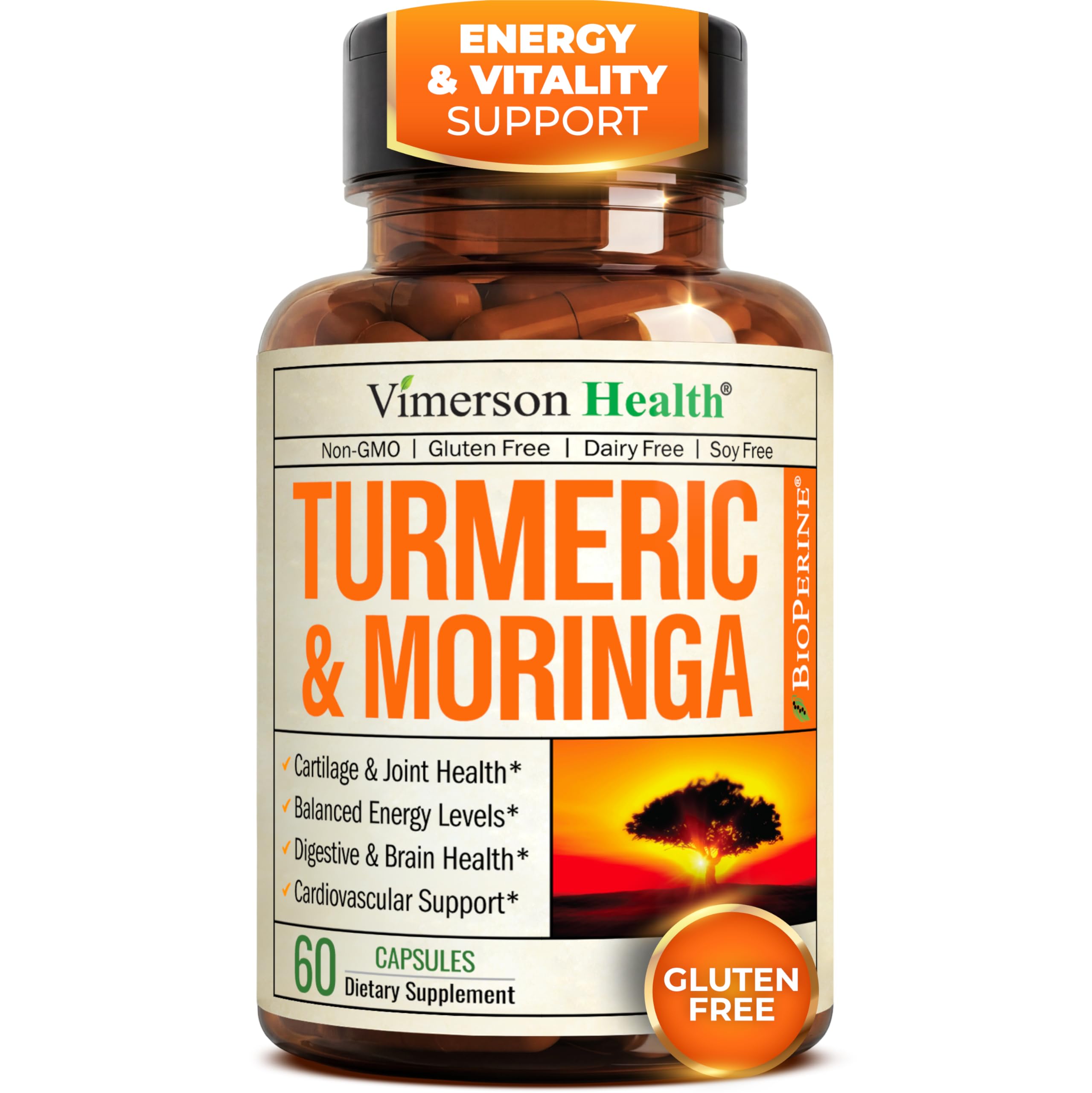 Moringa Turmeric Supplement for Joint Health, Gut Health, Energy and Immune Support – Total Wellness Formula with Tumeric Moringa Pure Capsules – Turmeric Curcumin with Black Pepper – 60 Count