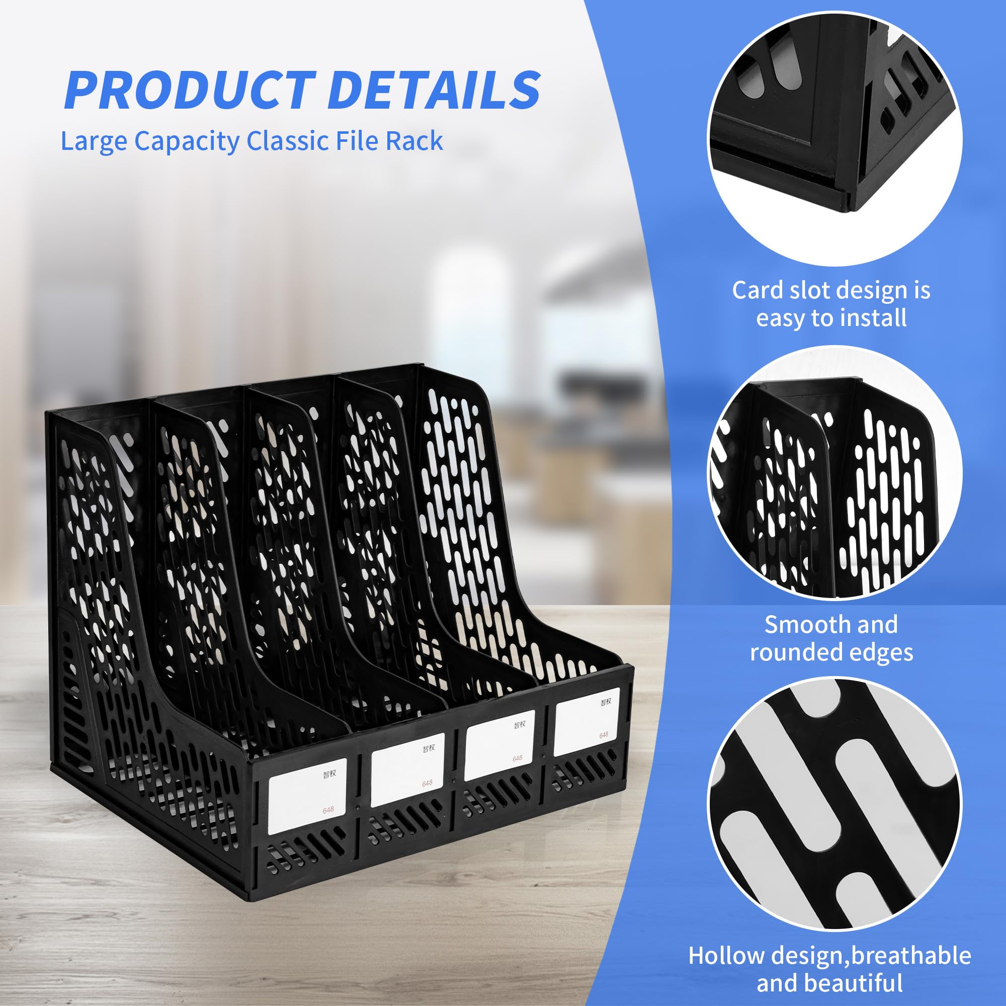 Axincardarm 2 Pack Plastic Magazine File Holder 4 Sections A4 Desktop File Rack, Vertical Book Organiser Document Storage Magazine Holder for Office, Black - Image 3