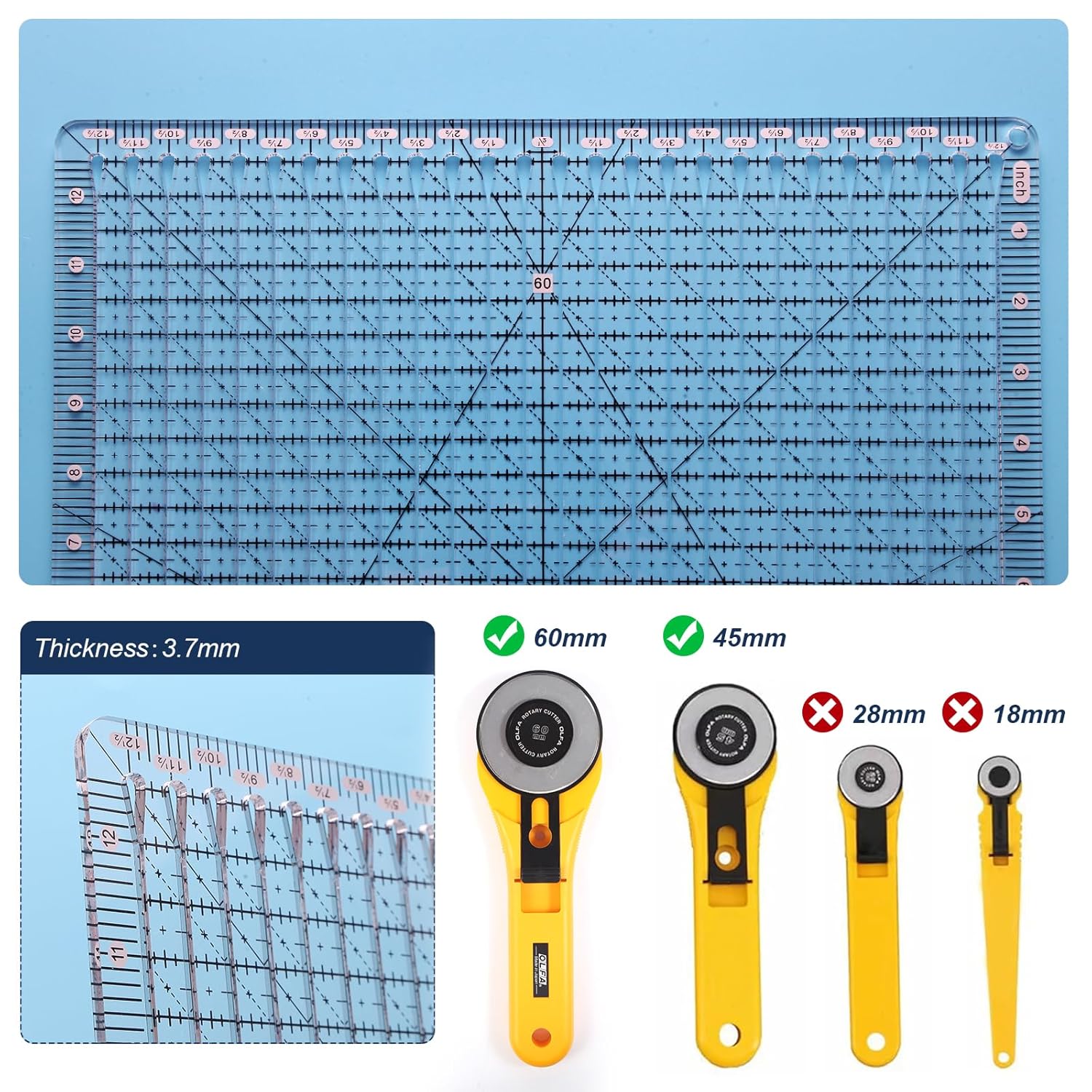 Quilting Ruler, 12.5 x 12.5 Inches, Slotted Design for Precise Fabric Cutting